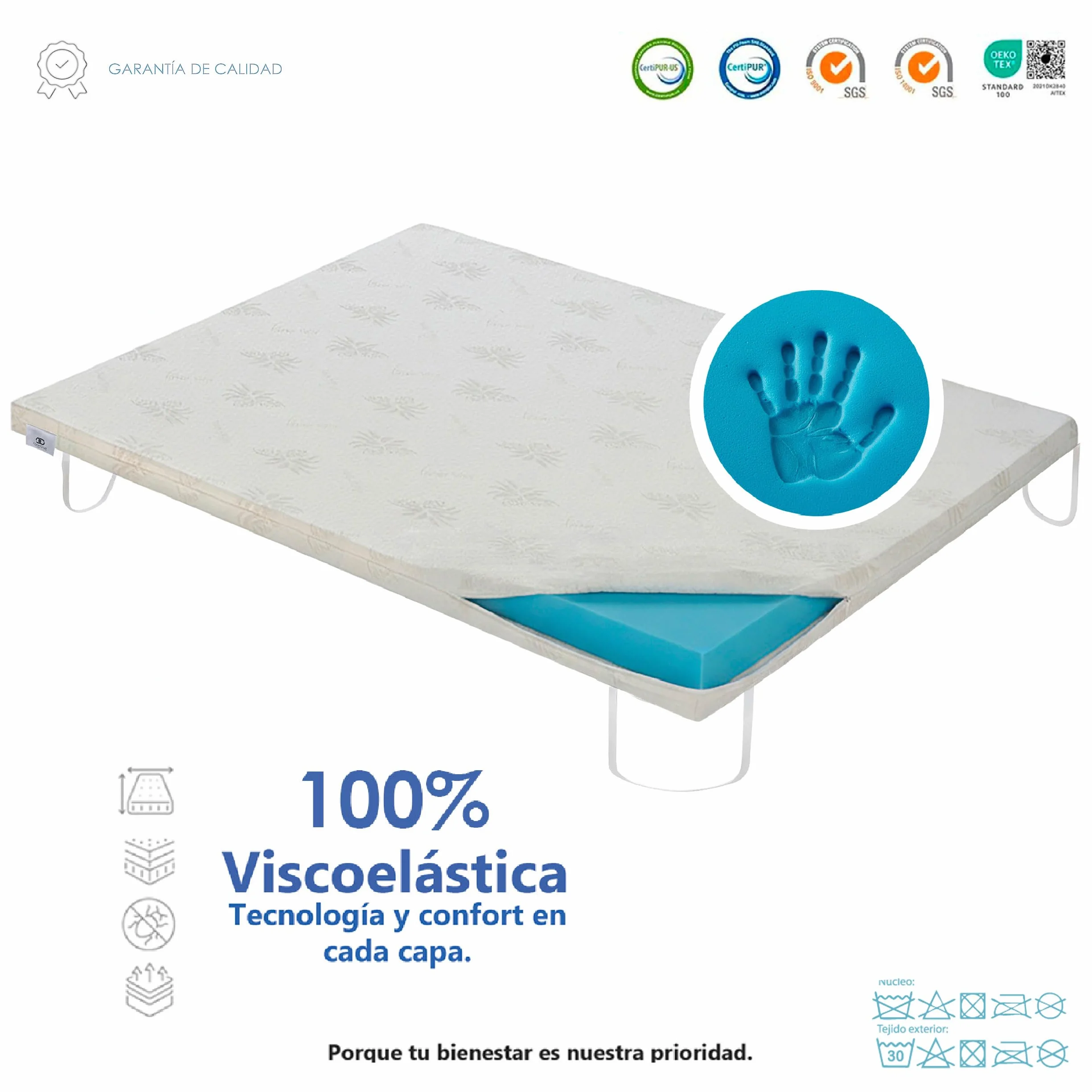 Topper Viscoelástico 90x190 Aloe Vera - Grosor 5 cm - Viscogel de Alta Densidad Memory Foam - Funda con Cremallera Extraíble y Lavable - sobre Colchon Matress Topper Colchon