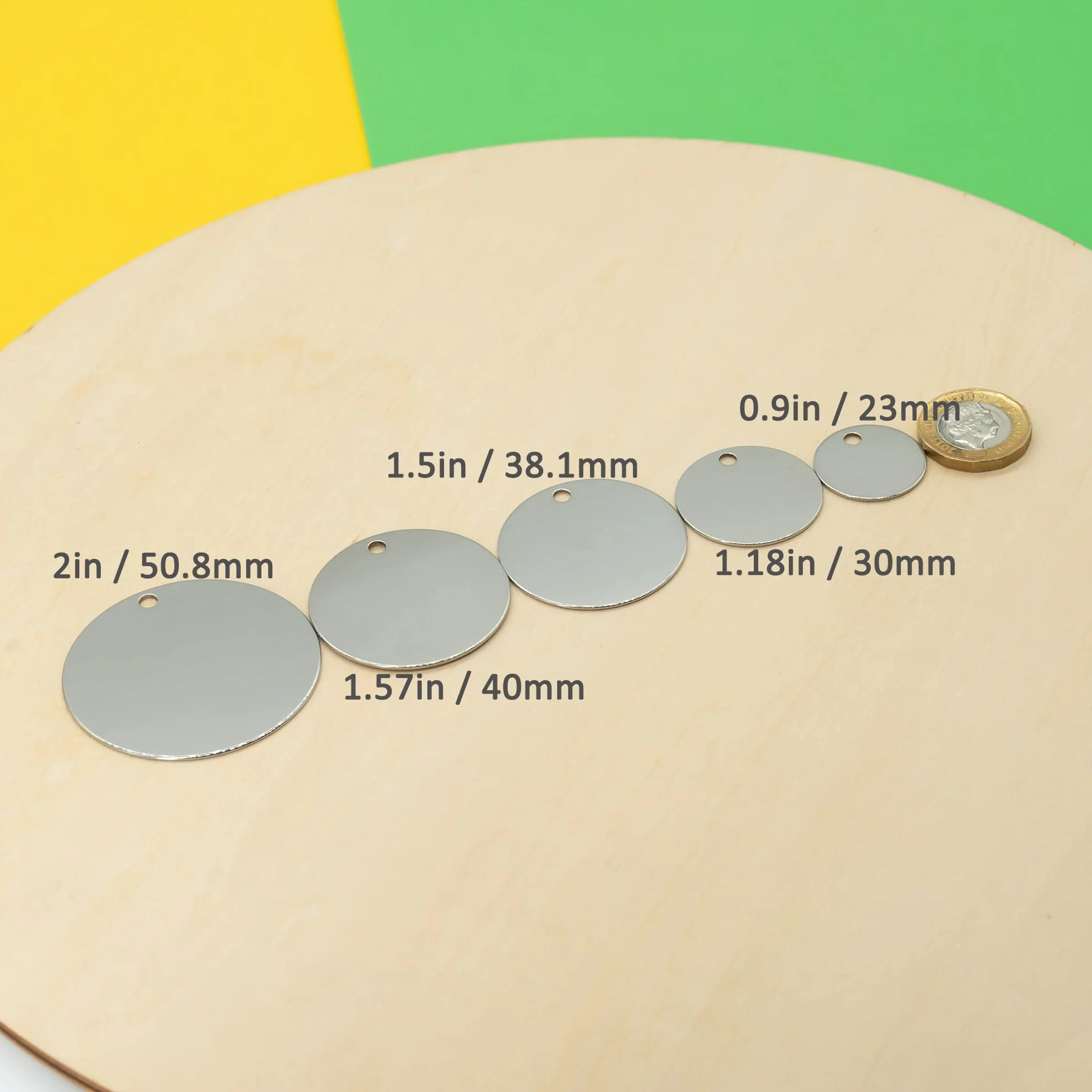 Etiquetas redondas de metal para grabado en blanco de 3,8 cm con agujero, etiquetas en blanco de acero inoxidable, paquete de 25