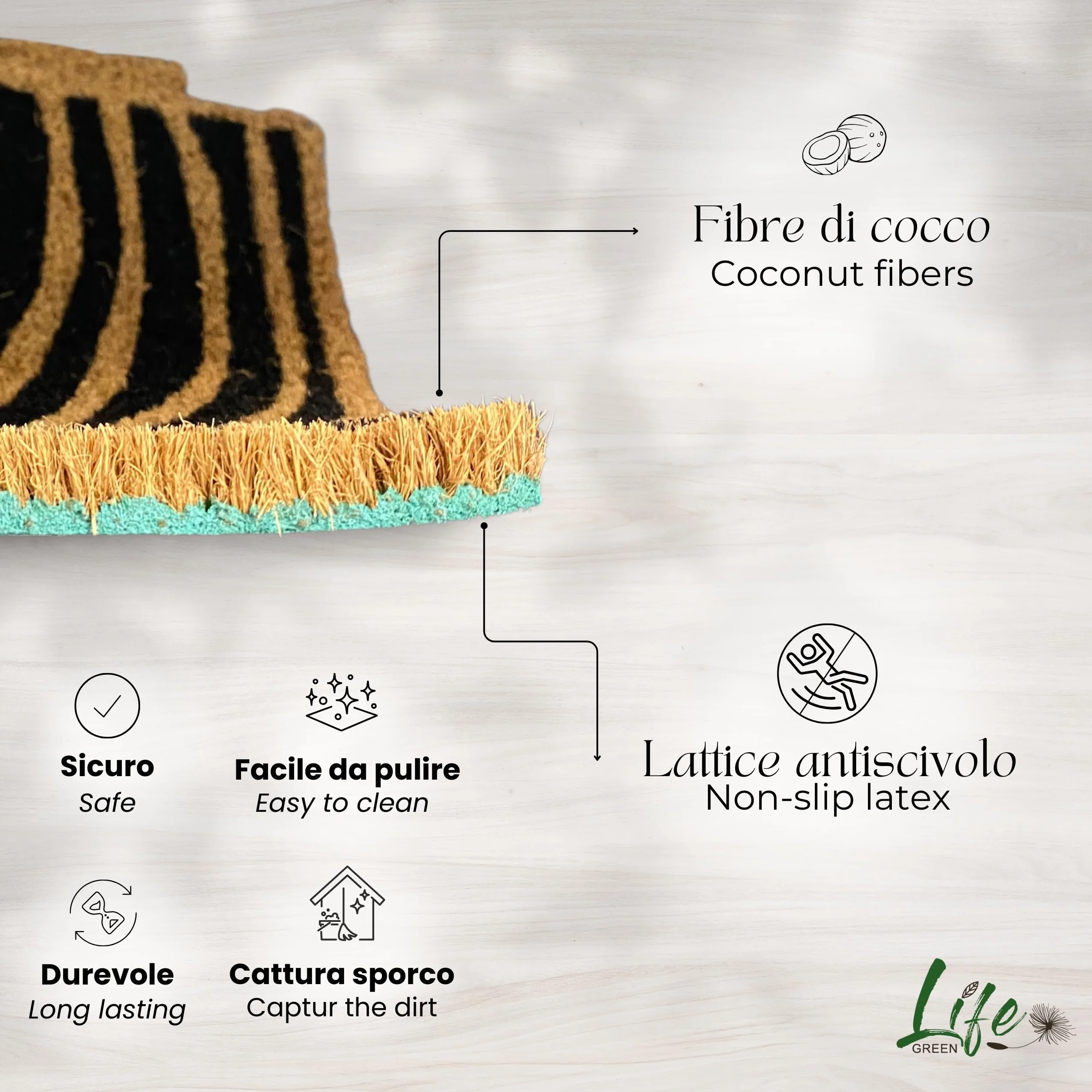 Felpudo Kera Flowers con Fibras de Coco, Alfombra antisuciedad para Entrada Rectangular, 40 x 70 cm, Fondo de látex Antideslizante, Estampado de Cebra