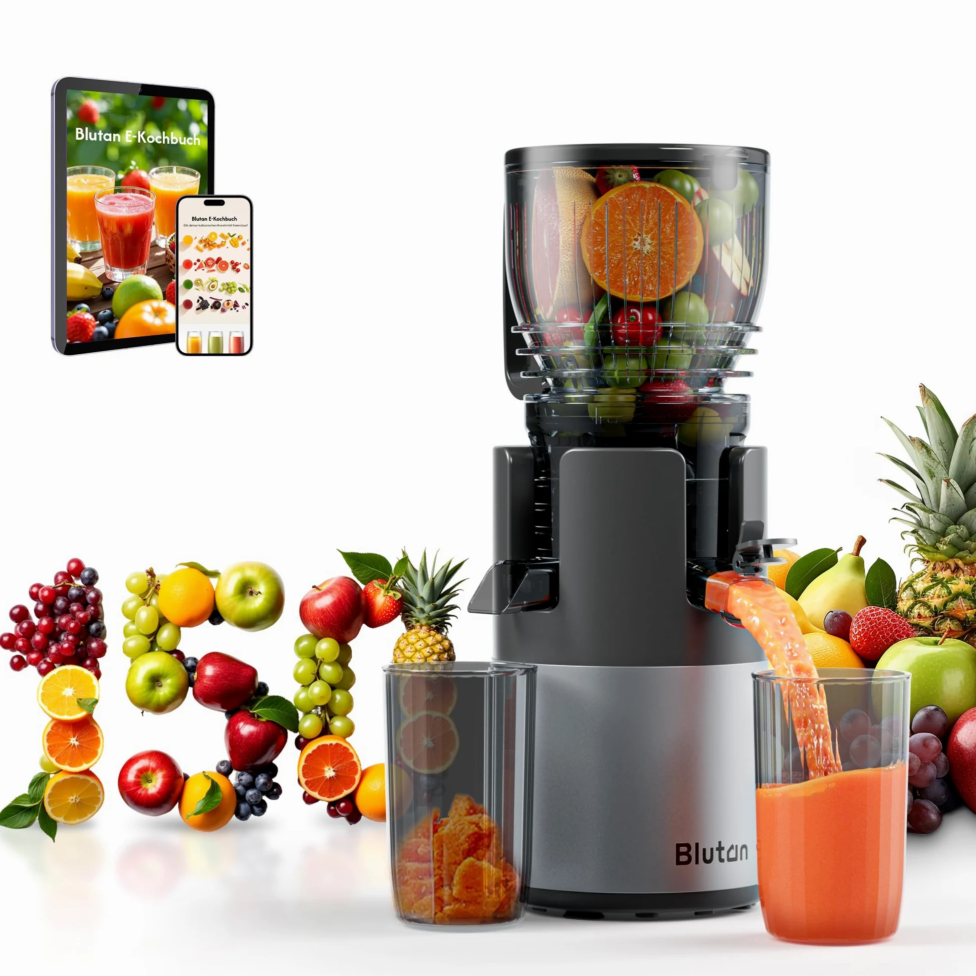 B Megajuicy - Exprimidor lento XL de 150 mm para frutas y verduras, con marcha atrás, libre de BPA, fácil de limpiar, incluye cepillo y 2 recipientes (550 ml, 450 ml), 300 W, para zumo y