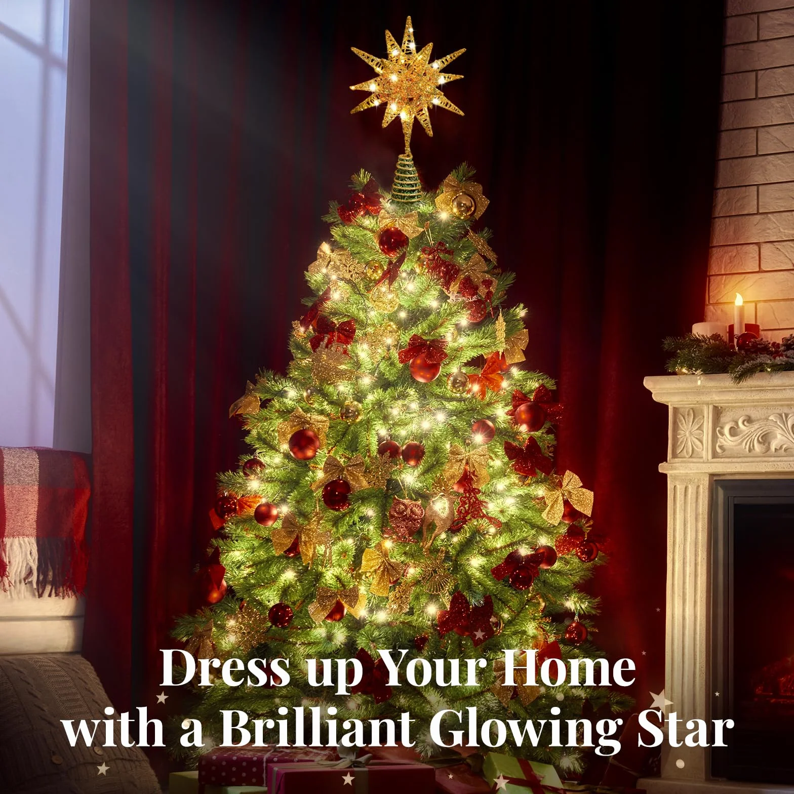 Lewondr Estrella para Árbol de Navidad, 11" Enchufable y Control Remoto Estrella de Copa Geométrica 3D Iluminada para Decoración Navideña, Función Temporizador y Cable 5m, Luz Cálida, Oro