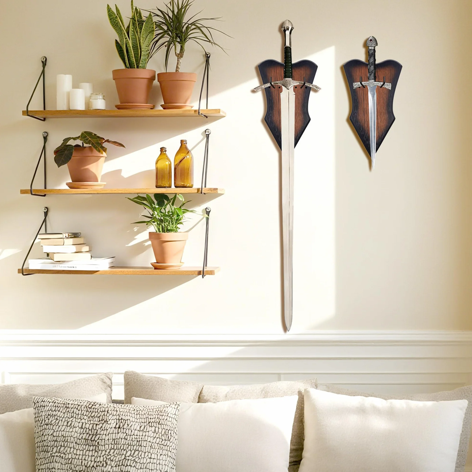 2 piezas ajustable vertical Espadas con hardware, medieval retro soporte colgar pared madera maciza marrón