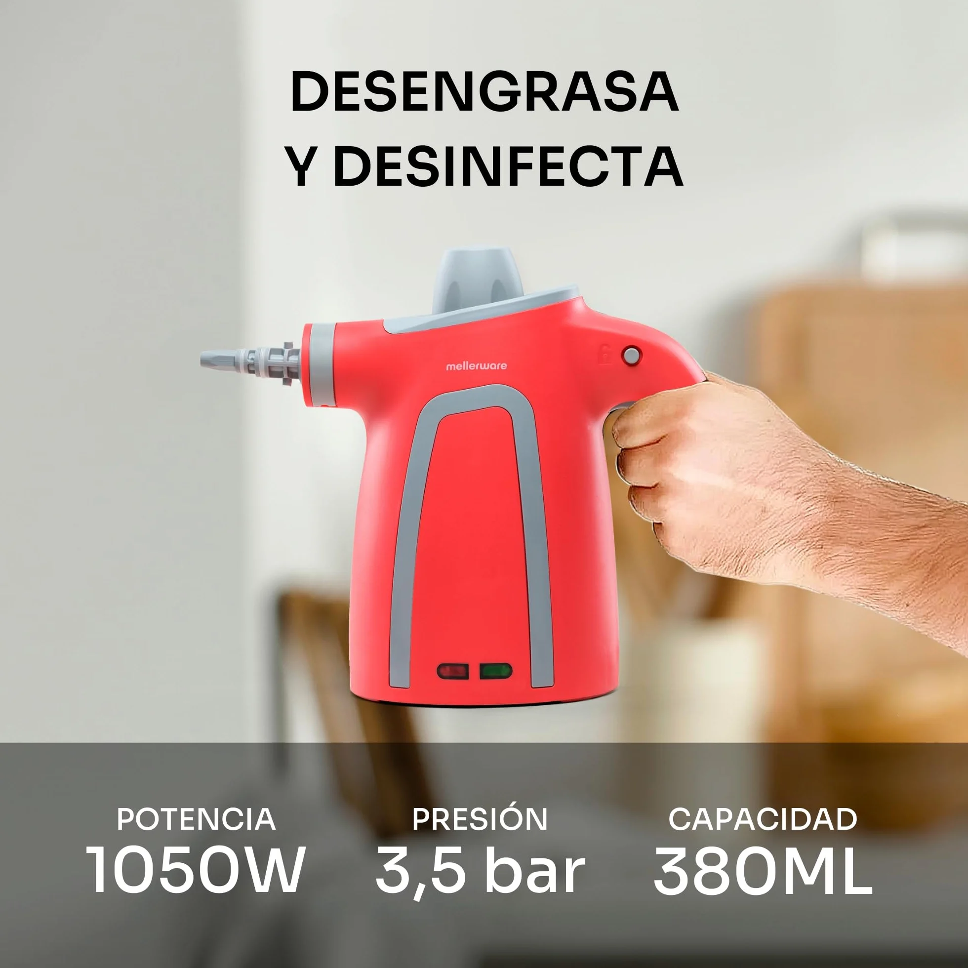 Mellerware Limpiador a Vapor de Mano Fush! 1050W Vaporeta de Limpieza Hogar 380mL 9 Accesorios