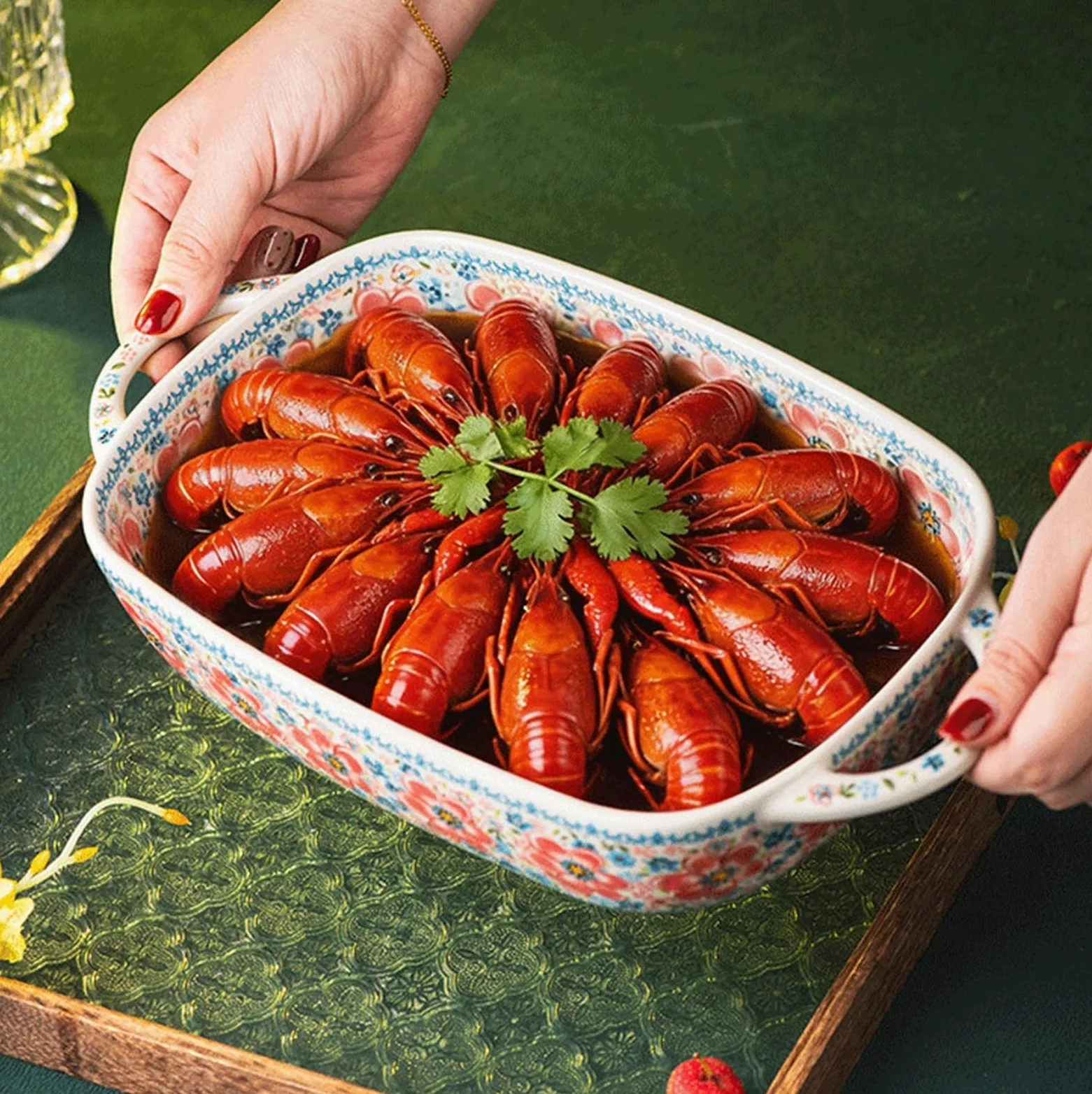 Versátil Fuente for hornear rectangular de cerámica con diseño floral(Medio)