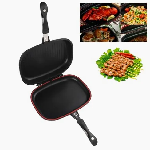 Sartén de Doble Cara, Sartén Doble Antiadherente de Aluminio para Parrilla, Sartén para Tortilla, Sartén Abatible con Mango Anti Quemaduras, Suministros de Cocina de 12,6