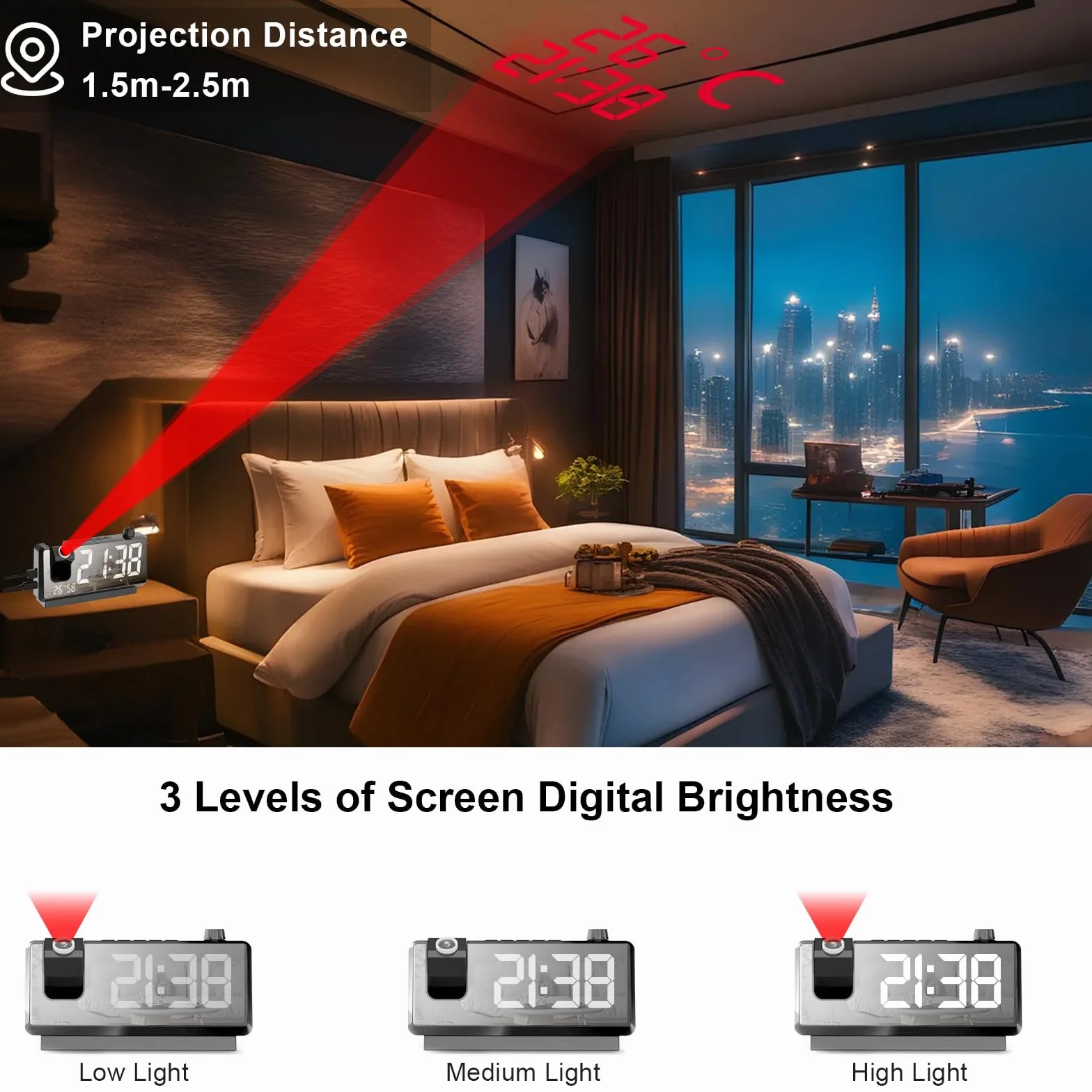 Cuteefun Reloj Proyector Techo, 7 Pulgadas Despertador Digital, Proyector de 180°, Puerto USB Doble, Temperatura y Humedad, Brillo de 3 Niveles, 12/24H, Doble Alarma, Snooze, Negro