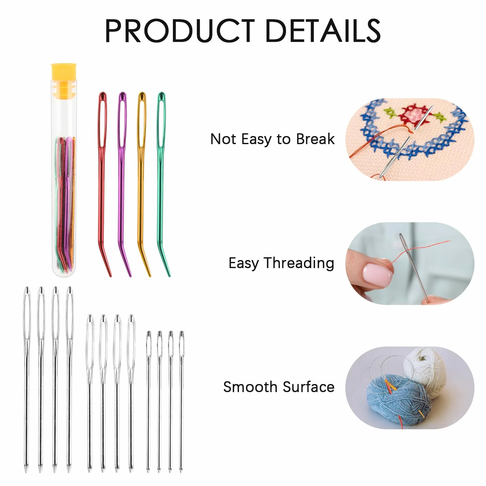 Juego de 16 agujas de ojo grande, agujas de tope para coser cuero, agujas de coser con punta redonda, 4 tamaños diferentes, agujas de coser metálicas para tapicería, lana, costura