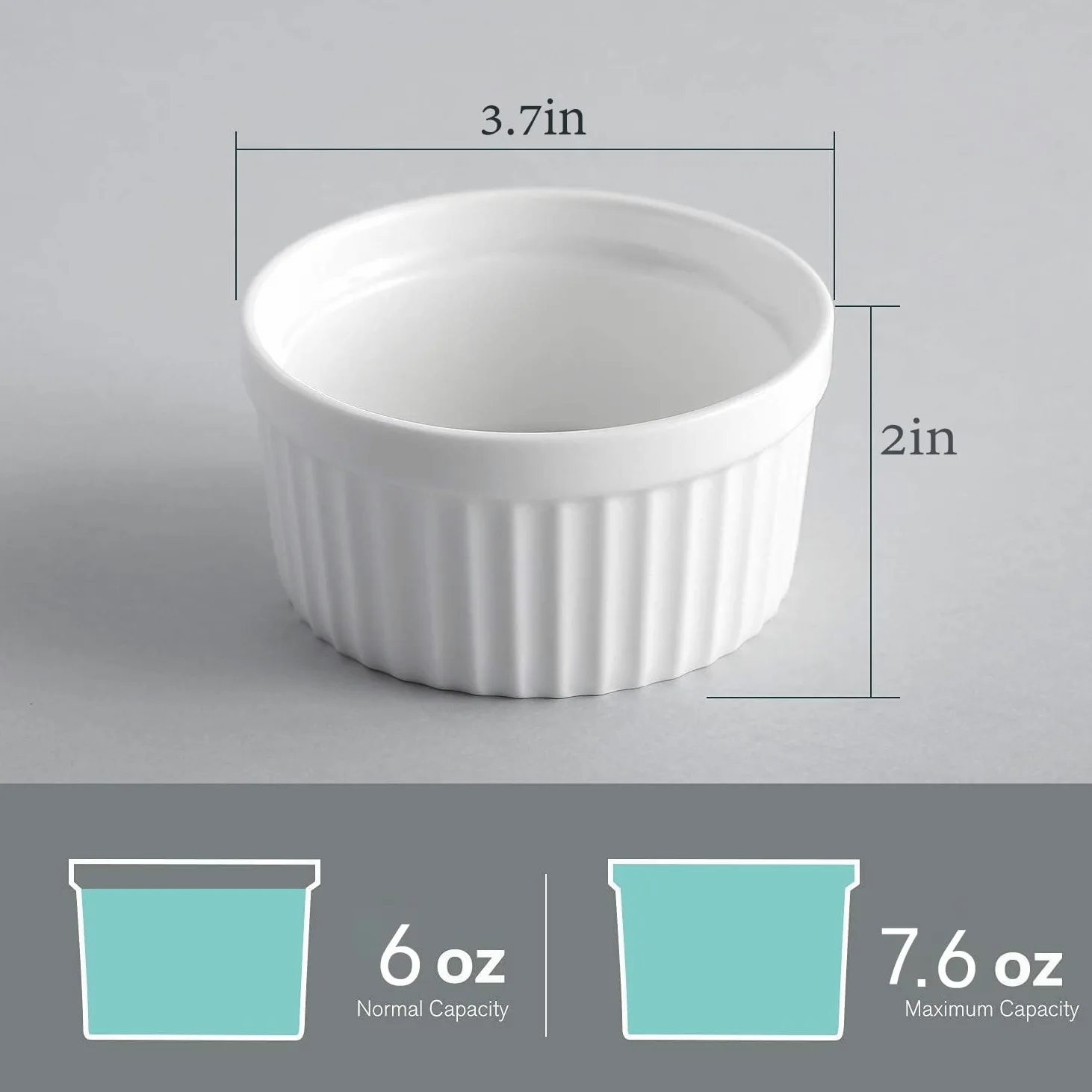 Samsle Juego de 6 ramequines de porcelana de 6 onzas para crema brulee, souffle, pasteles de lava, pudín, tazas de natillas para hornear y sumergir, aptos para horno, blanco de 3.7 pulgadas