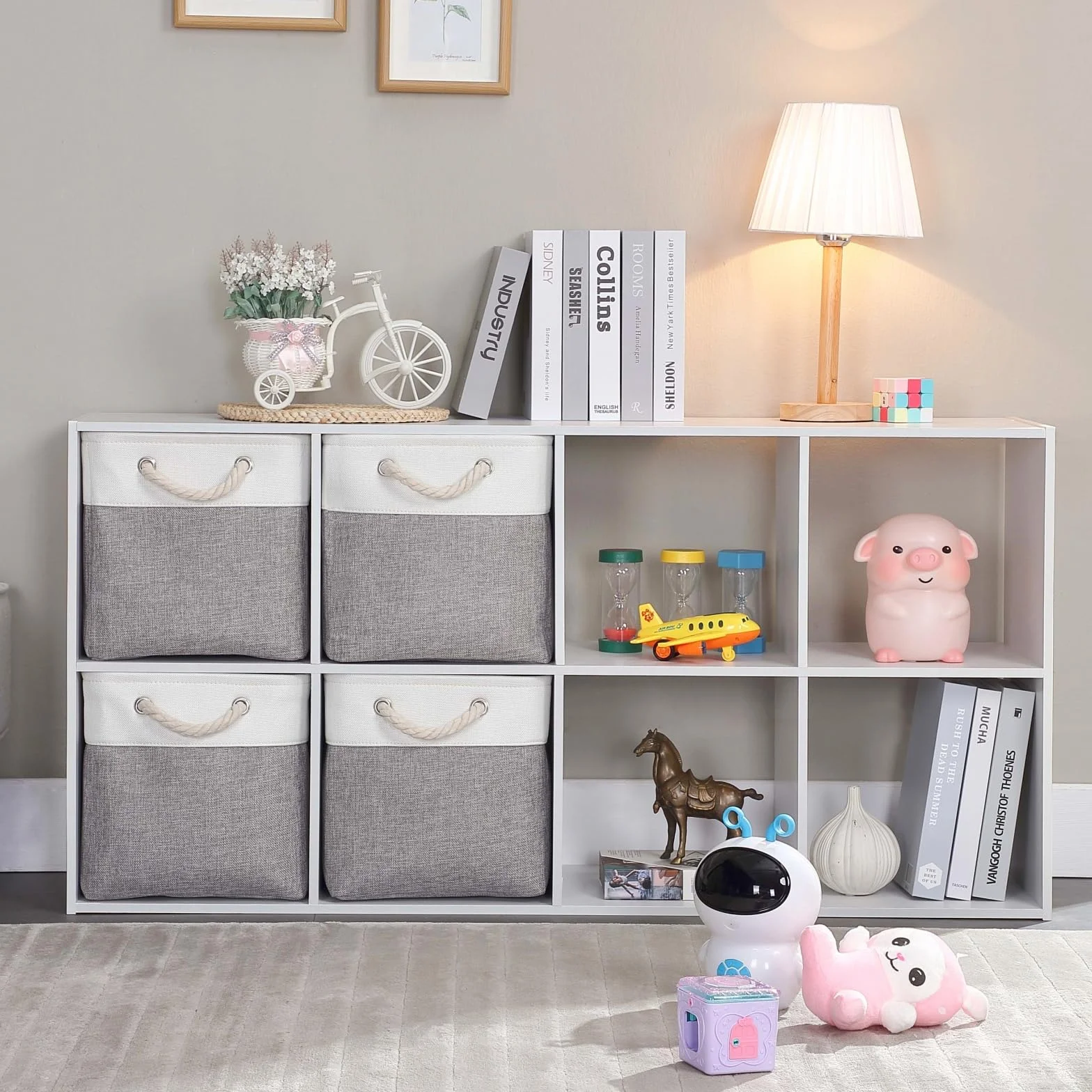 Mangata Cajas Almacenaje 33x38x33 cm Lona Engrosada Plegable con Asas de Cuerda 4 Pack Gris/Blanco