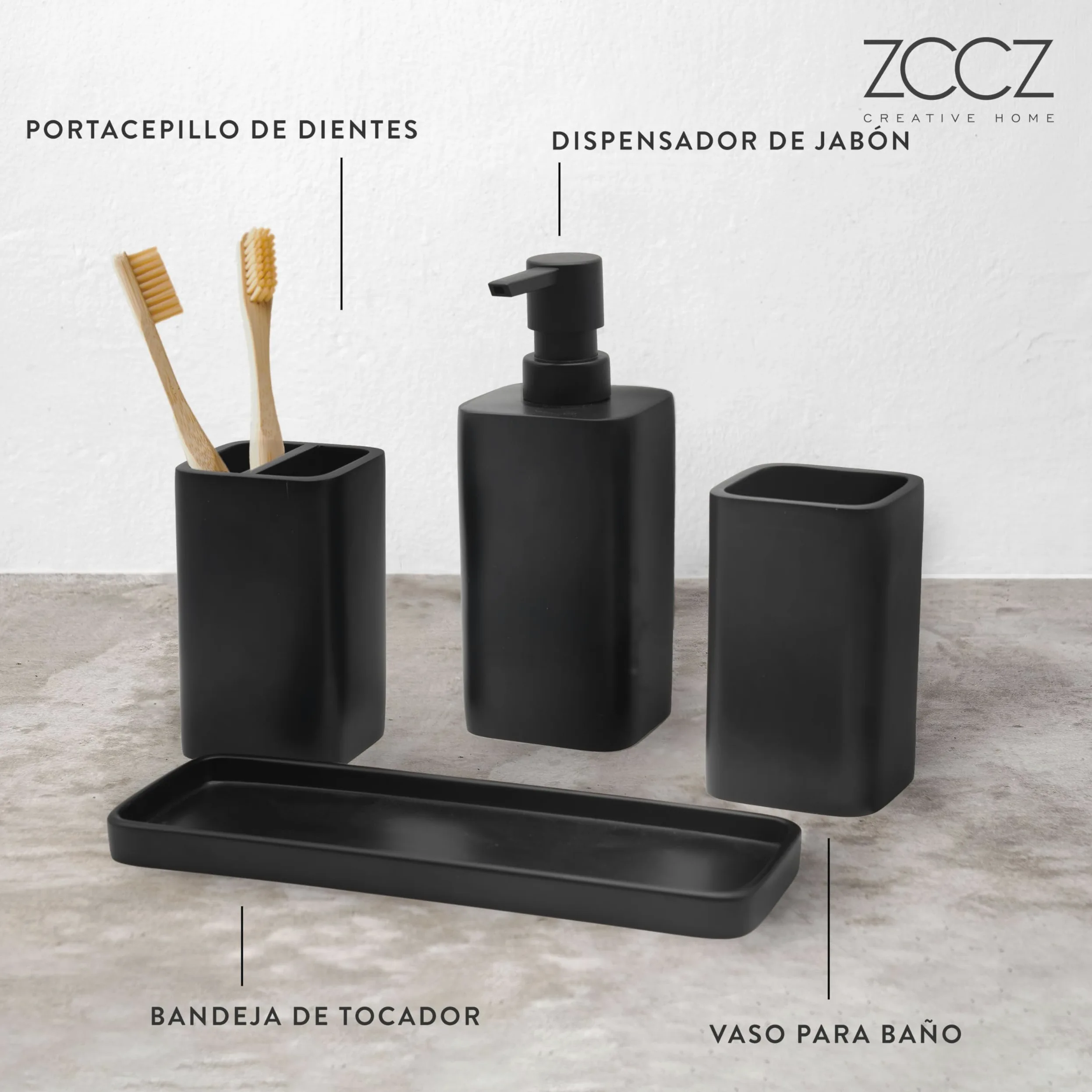 Juegos de Accesorios de Baño 4 Piezas Negro Opaco con Dispensador de Jabón, Vaso y Soporte para Cepillo de Dientes