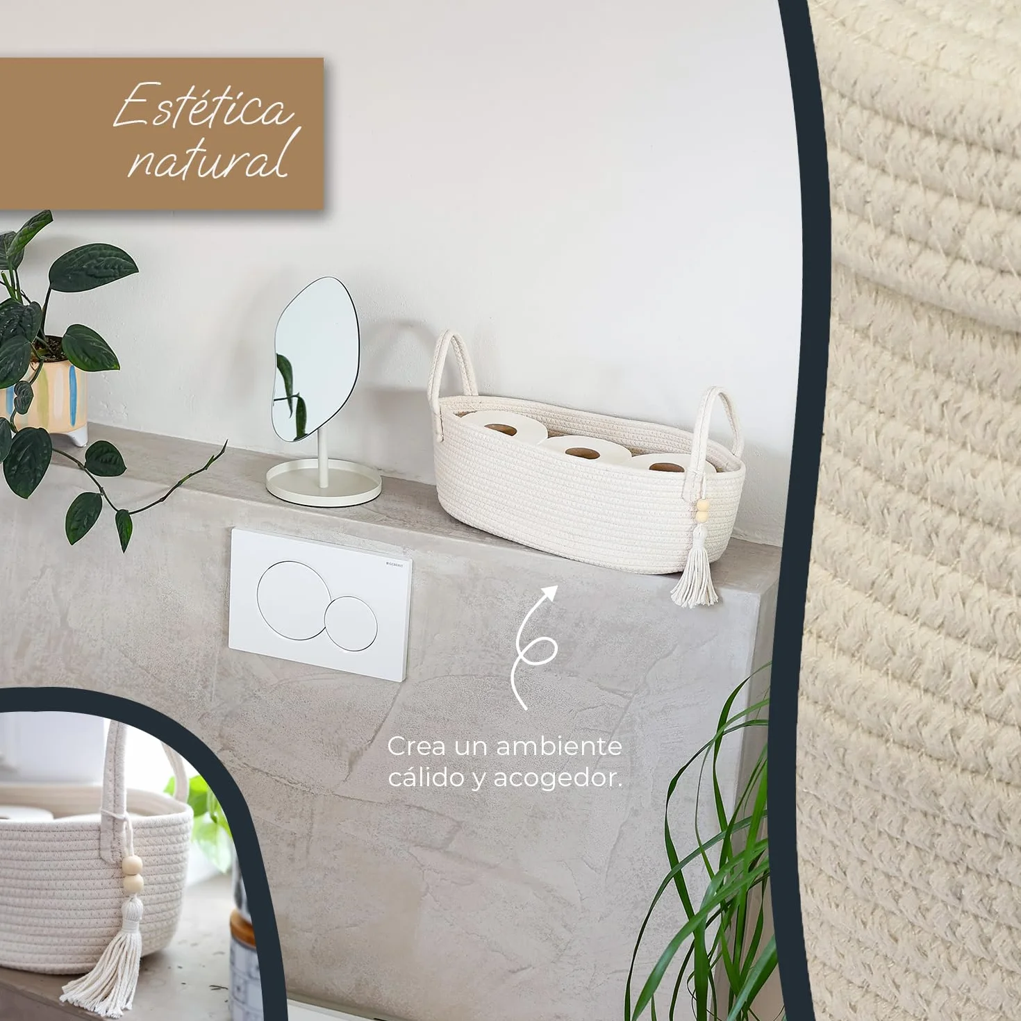 HMF Cesta de almacenamiento para baño, cesta para papel higiénico de algodón, 38,5 x 15,5 x 14 cm, color crema