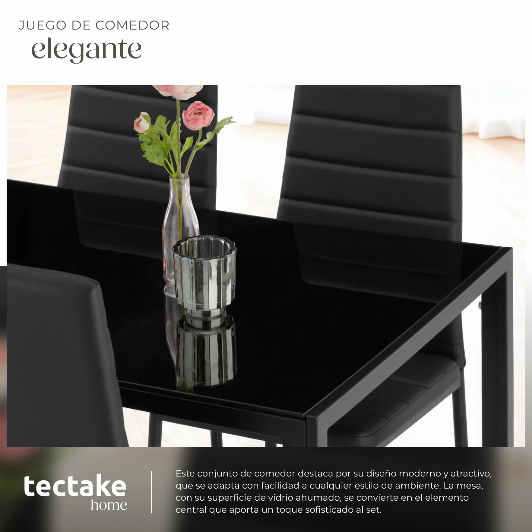 tectake® Conjunto Mesa y sillas de Comedor, Mesa con Tablero Cristal Seguridad y 4 sillas Cocina tapizadas Cuero sintético, Estructura Acero, sillas Comedor, Set Muebles de Cocina - Negro