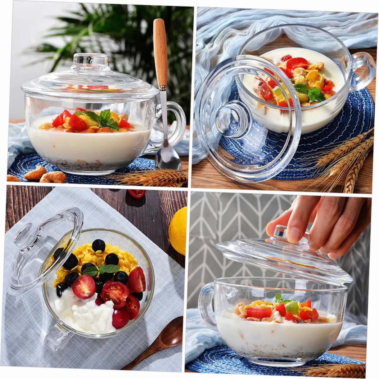 Homoyoyo Bol de Cristal Transparente de 600 Ml con Tapa y Asa Bol para Desayuno Leche Avena Ensalada y Postres Recipiente Multifuncional para Uso Doméstico