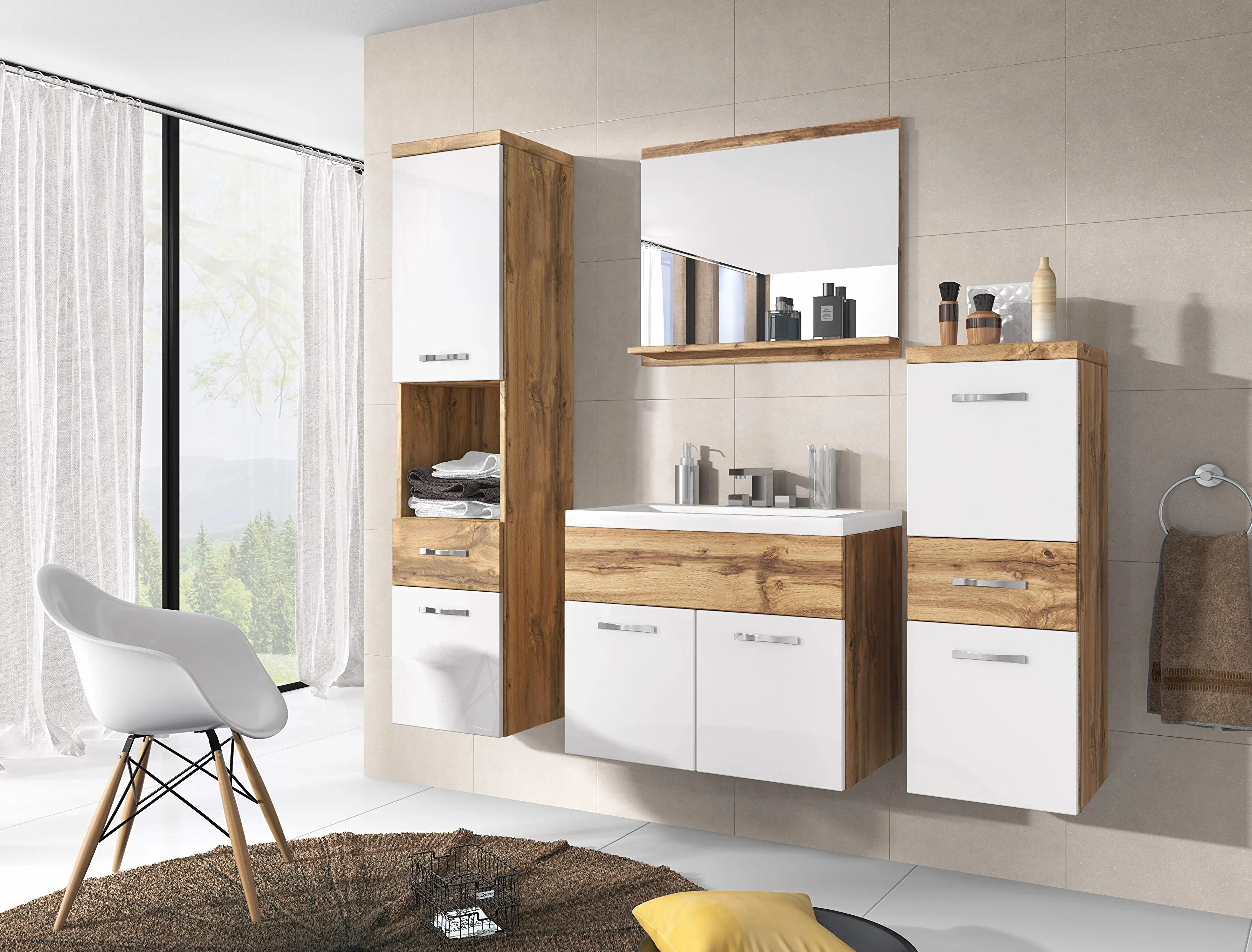 PIASKI Conjunto de Muebles de Baño Colgantes Alba con Lavabo, Tablero Laminado MDF, 6 Piezas, Estilo Moderno, 30x30x130 cm, 60 kg, Sonoma/Blanco Brillante