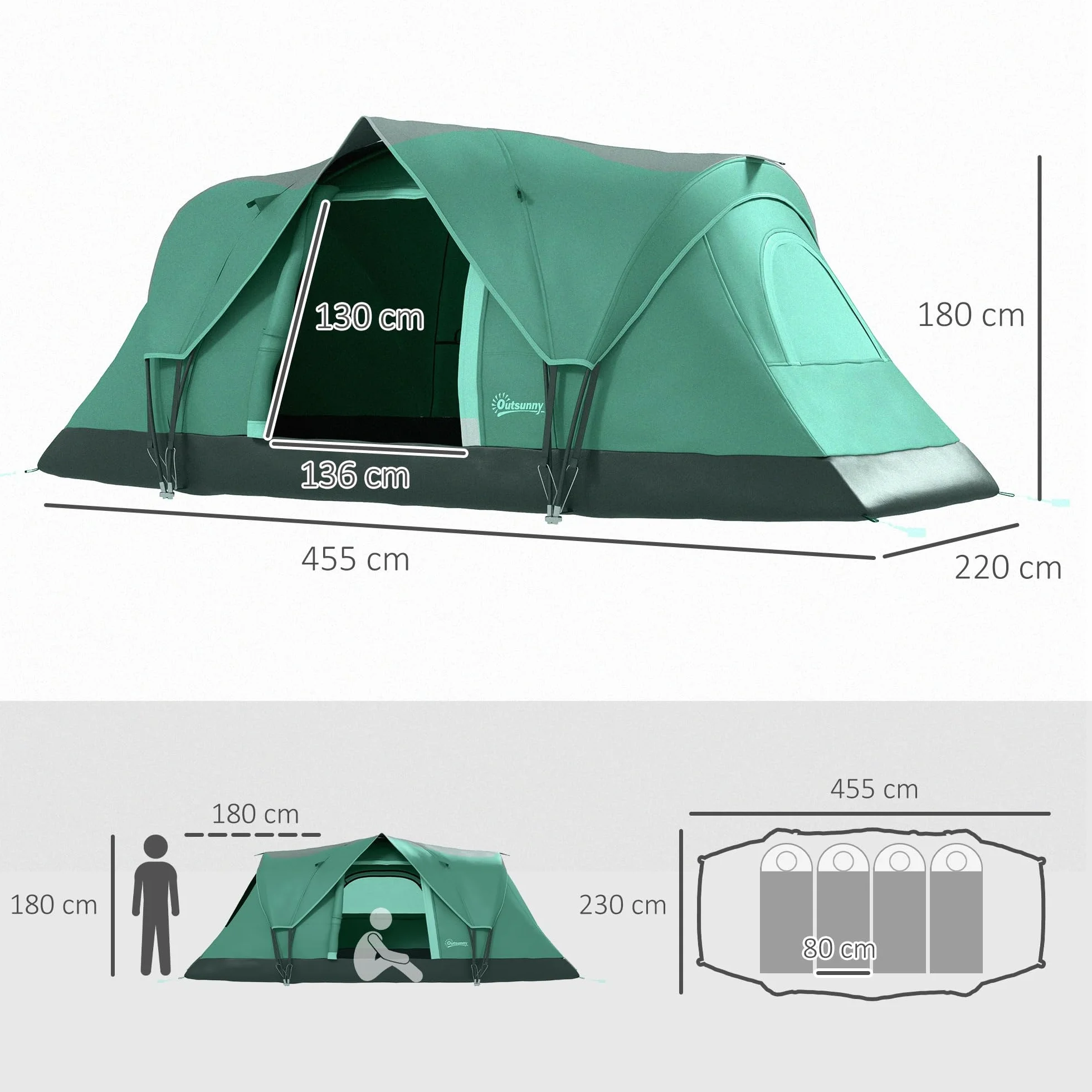 Outsunny Tienda de Campaña Familiar 5 Personas Impermeable 3000mm Túnel 455x220x180 cm