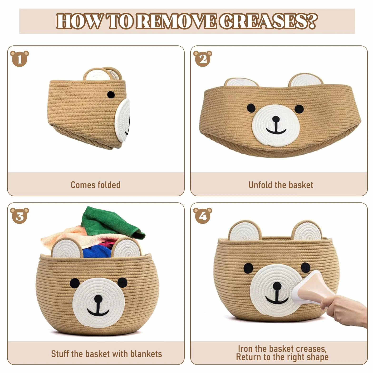 Cesta de almacenamiento para niños con forma de oso de cuerda de algodón redonda con asas ocultas