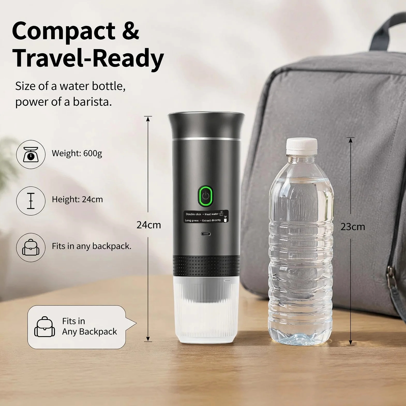 Cafetera Espresso Eléctrica Portátil 3 en 1, Maquina Cafe Capsulas 20 Bar | Cafetera de Viaje para Camping, Cafetera de Coche Autocalentable con USB C para Cápsulas Pequeñas o Grandes y Café Molido