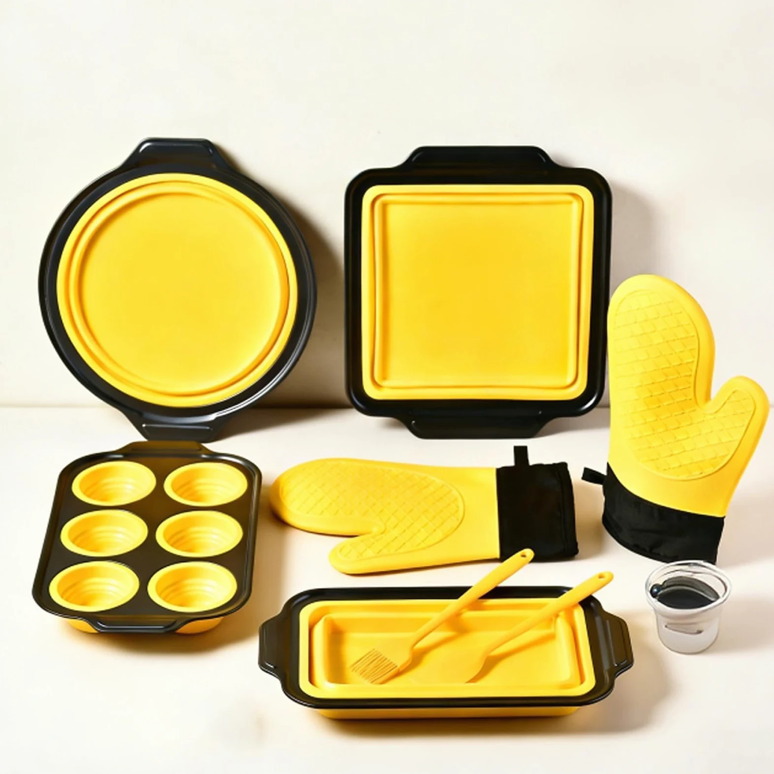 Juego de Moldes de Silicona para Hornear Vajilla Flexible para Hornear | con Guante, Rasqueta y Cepillo Set Apilable para Magdalenas, Galletas, Cupcakes, Huevos, Donuts, Beicon, Tostadora,