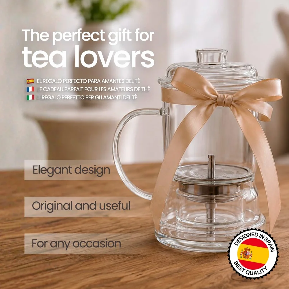 Tetera con Infusor 350 ml, Vidrio – Tetera Cristal para Infusiones y Té a Granel, Infusor con Flujo hacia Abajo – Ideal Infusión Fría o Caliente, Sin Residuos – Regalo Original