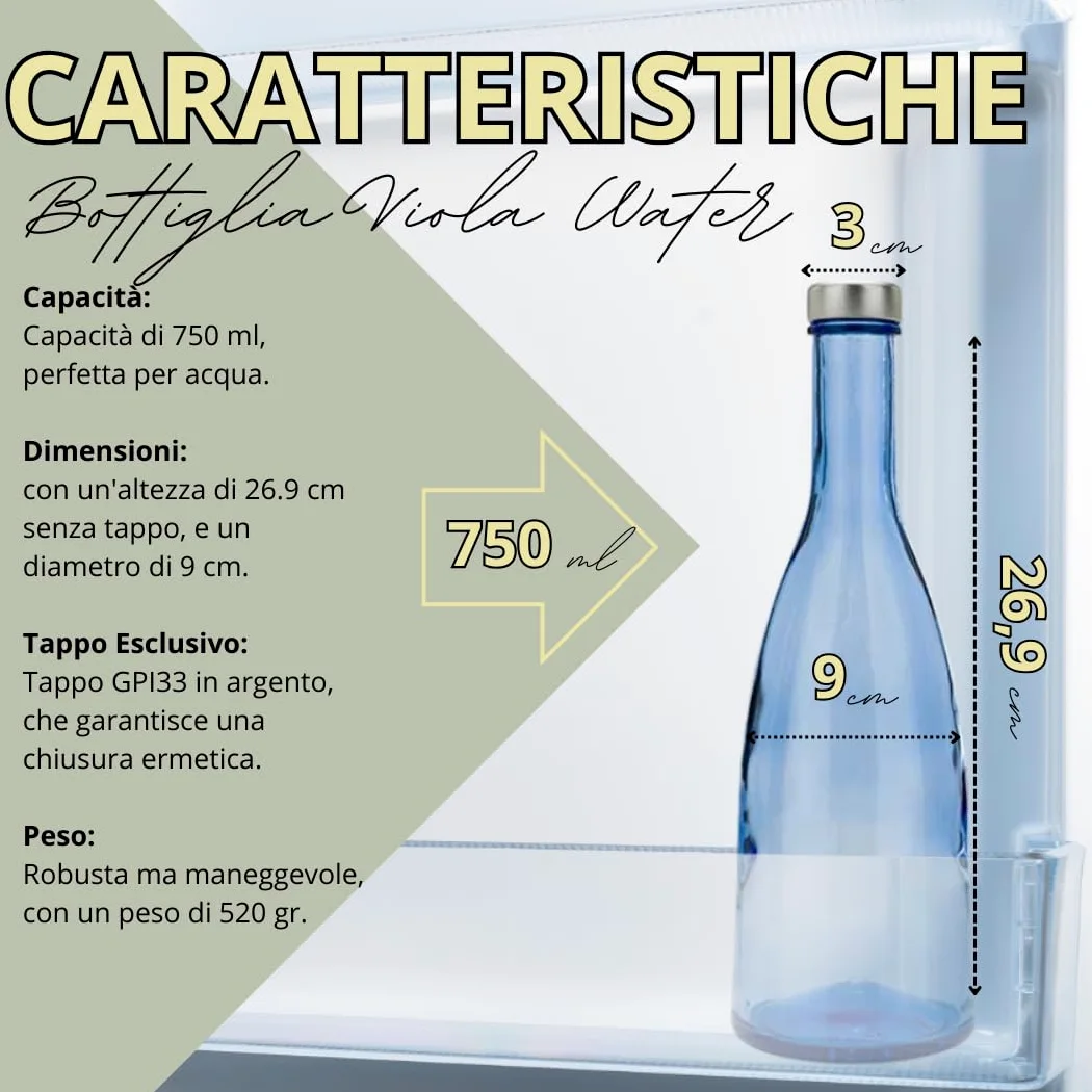 Juego de 6 botellas de cristal azul modelo Conviva, 750 ml, tapón de rosca color plata | Botella de cristal de agua solarizada