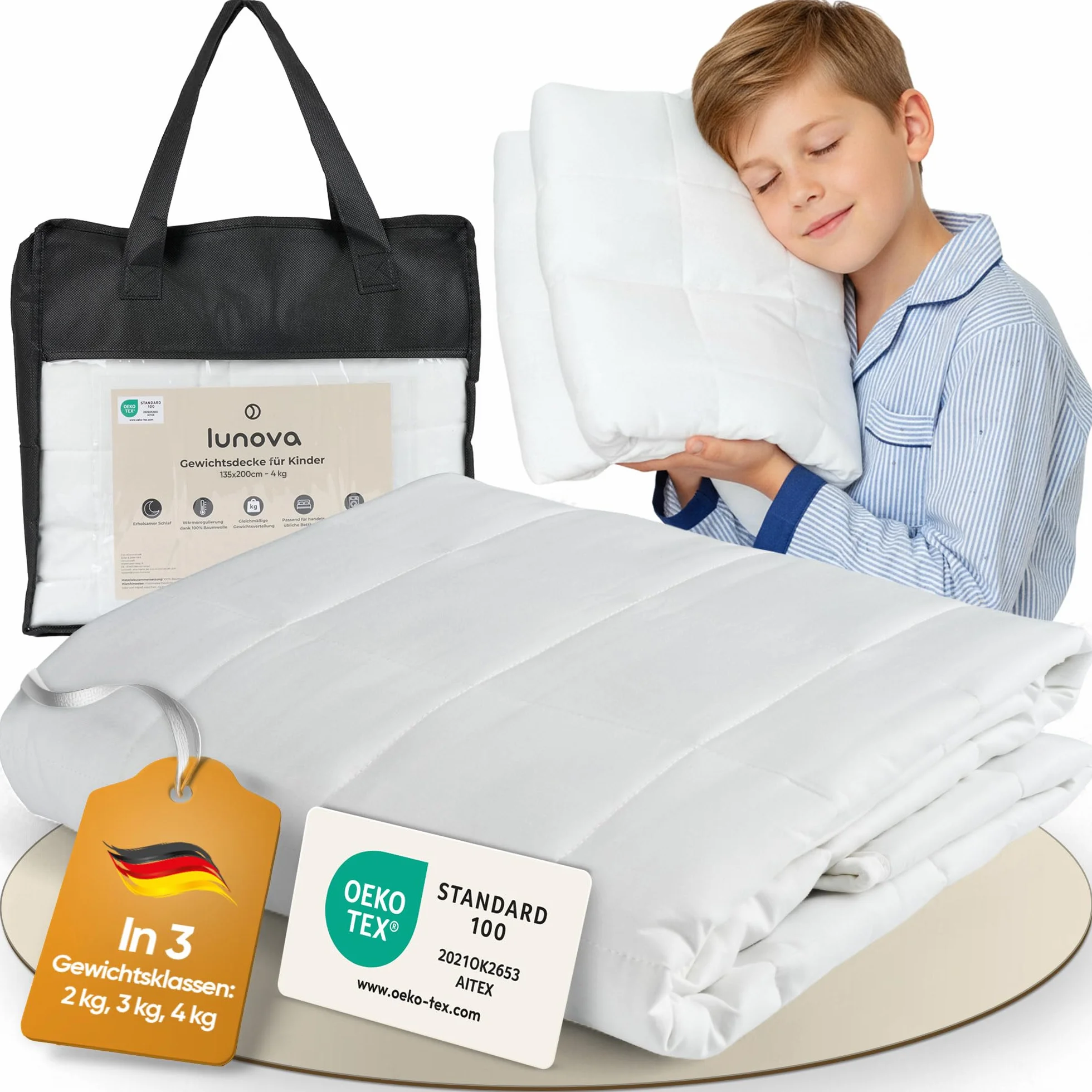 LUNOVA Manta con peso [NUEVO 2025] | 4 kg | 135 x 200 cm – algodón Öko-Tex, 35 – 45 kg de peso corporal, lavable, manta terapéutica para relajarse