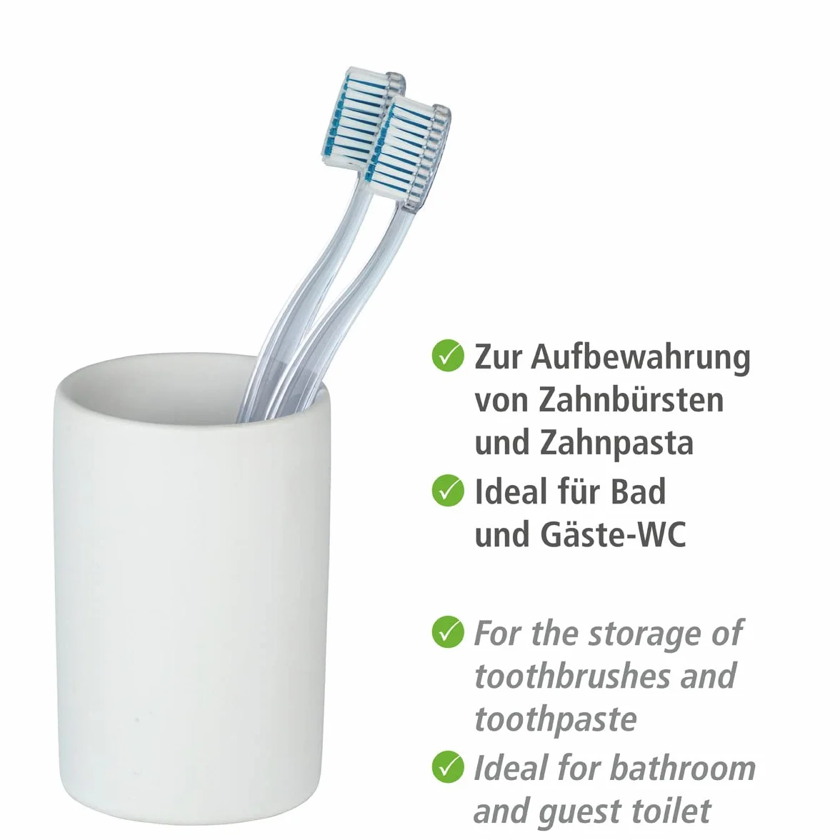 WENKO Vaso higiene dental Polaris blanco mate cerámica - Soporte para cepillos de dientes, para cepillos y pasta de dientes, Cerámica, 7 x 11 x 7 cm, Blanco