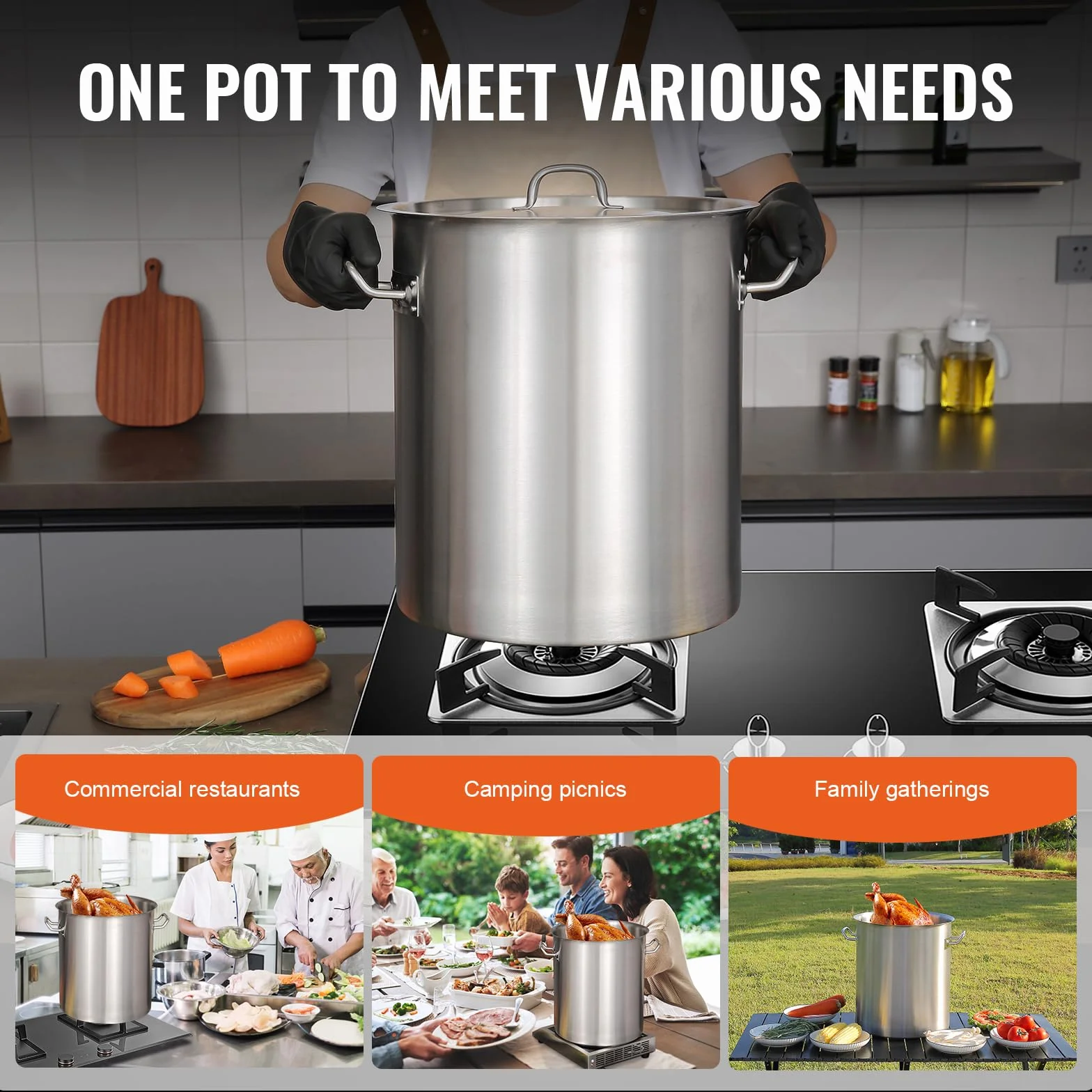 VEVOR Olla para Sopa 39,7 L Olla con Tapa y Asa Diámetro de 35 cm Alto de 41 cm Grande de Acero Inoxidable, Llama Abierta e Inducción para Eventos Comerciales, Restaurantes