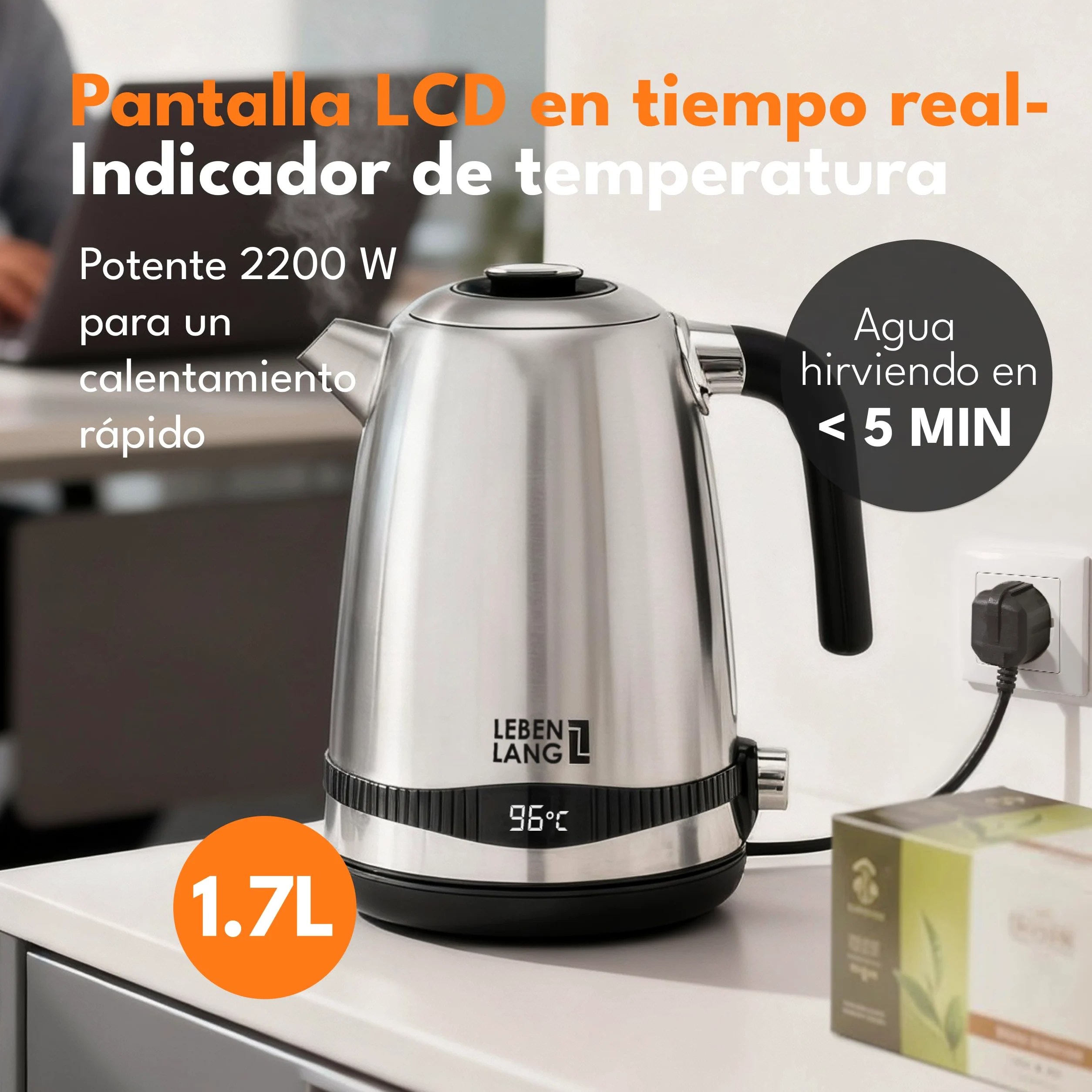 LEBENLANG Hervidor de agua de acero inoxidable con ajuste de temperatura - silencioso, con indicación de temperatura y función de mantenimiento del calor - 1,7l y 2200W | Hervidor de agua eléctrico | Silencioso, con indicación de temperatura y función de
