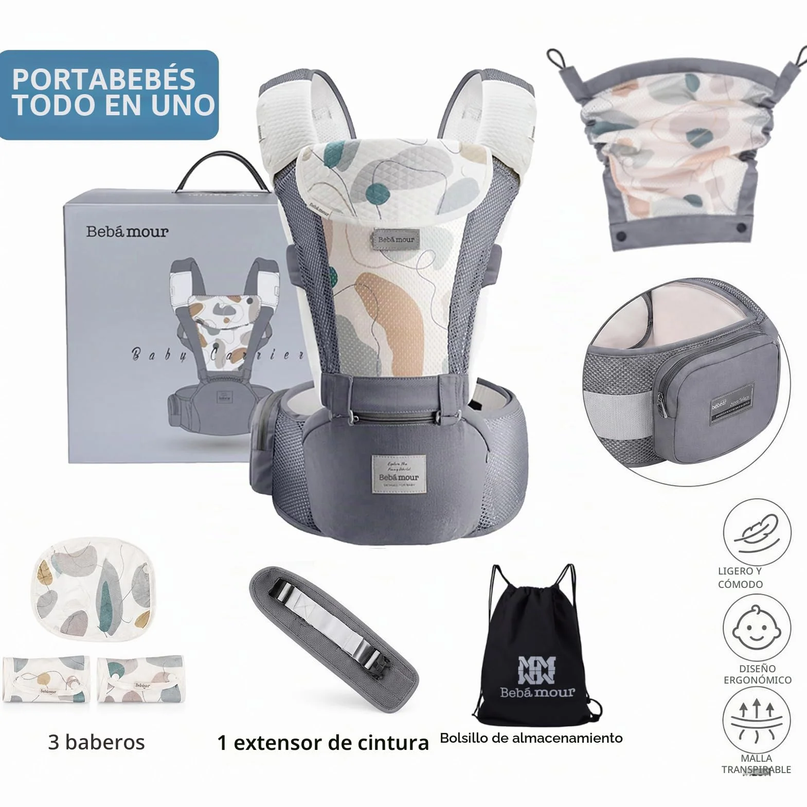 Bebear Bebamour Portabebés 0-36 meses Mochila Portabebés Malla Aire 3D Recién Nacidos Niños Pequeños Baby Carrier 3D Air Grey