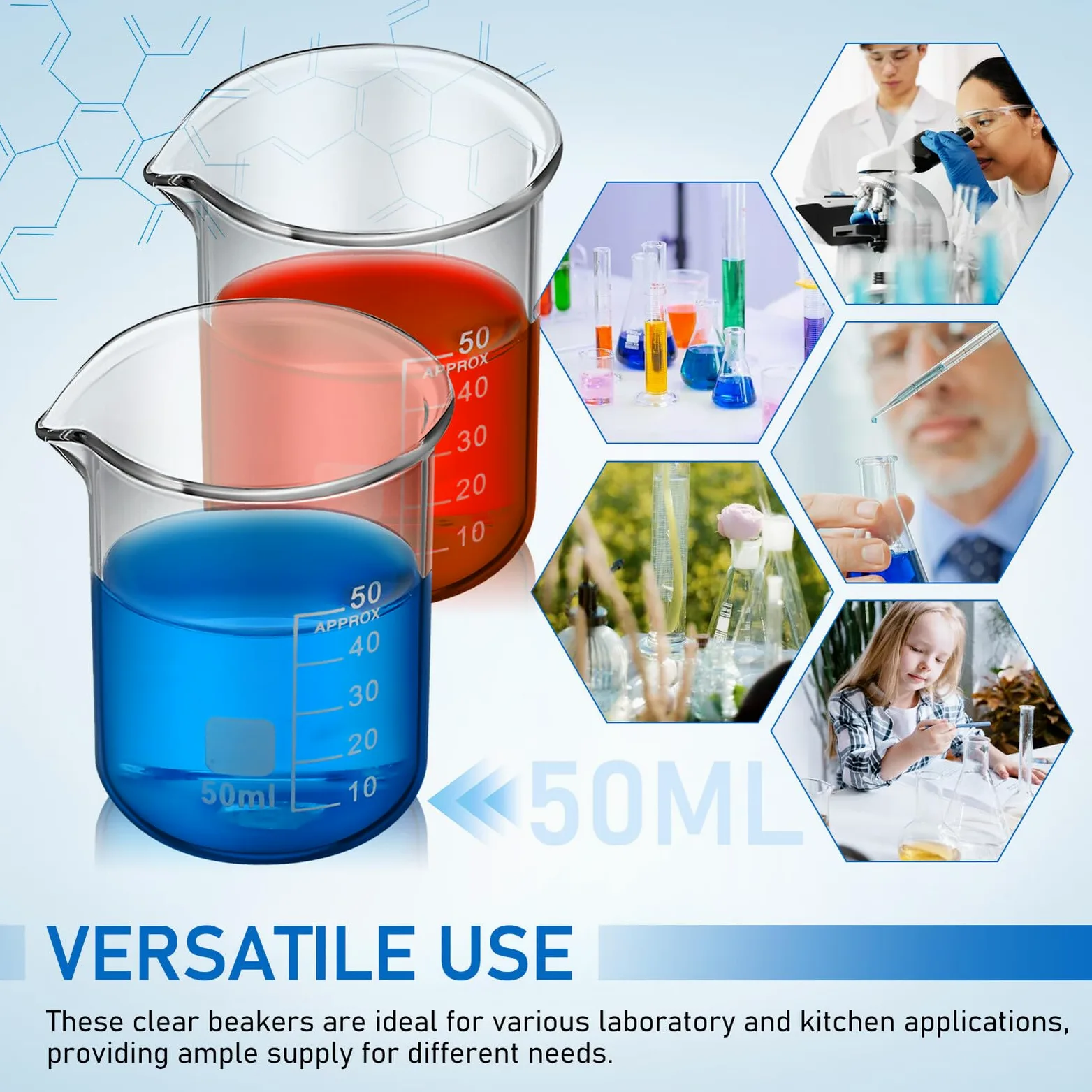 Sewroro 20 Vasos Medidores de Vidrio Borosilicato 50 Ml Resistentes y Estables para Suministros de Laboratorio Uso Versátil y Diseño Simple y Elegante