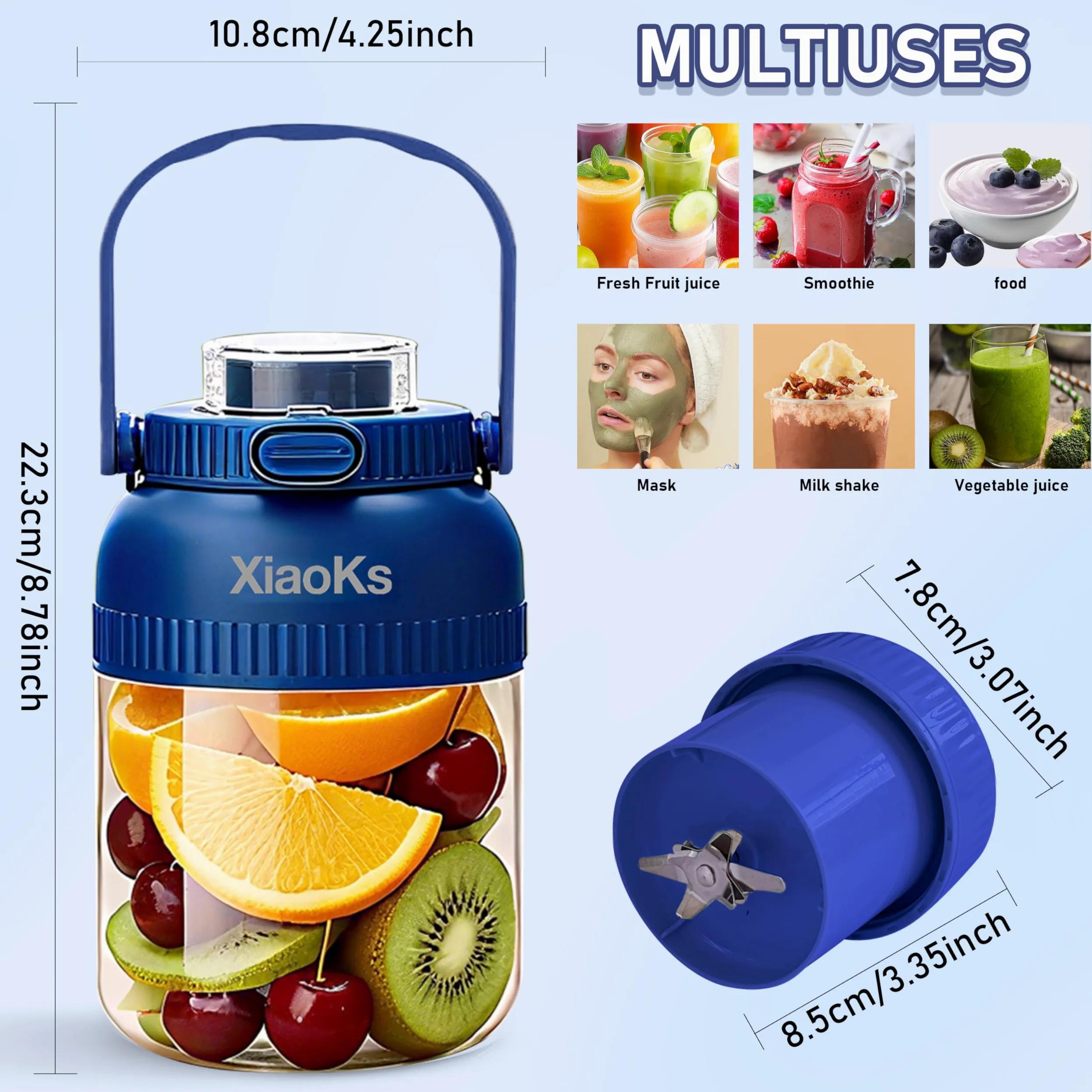 Licuadora portátil personal para batidos y batidos con taza de viaje de 43 onzas, USB recargable con taza y tapa sin BPA, vaso pequeño para cocina, oficina, viajes, gimnasio (azul)