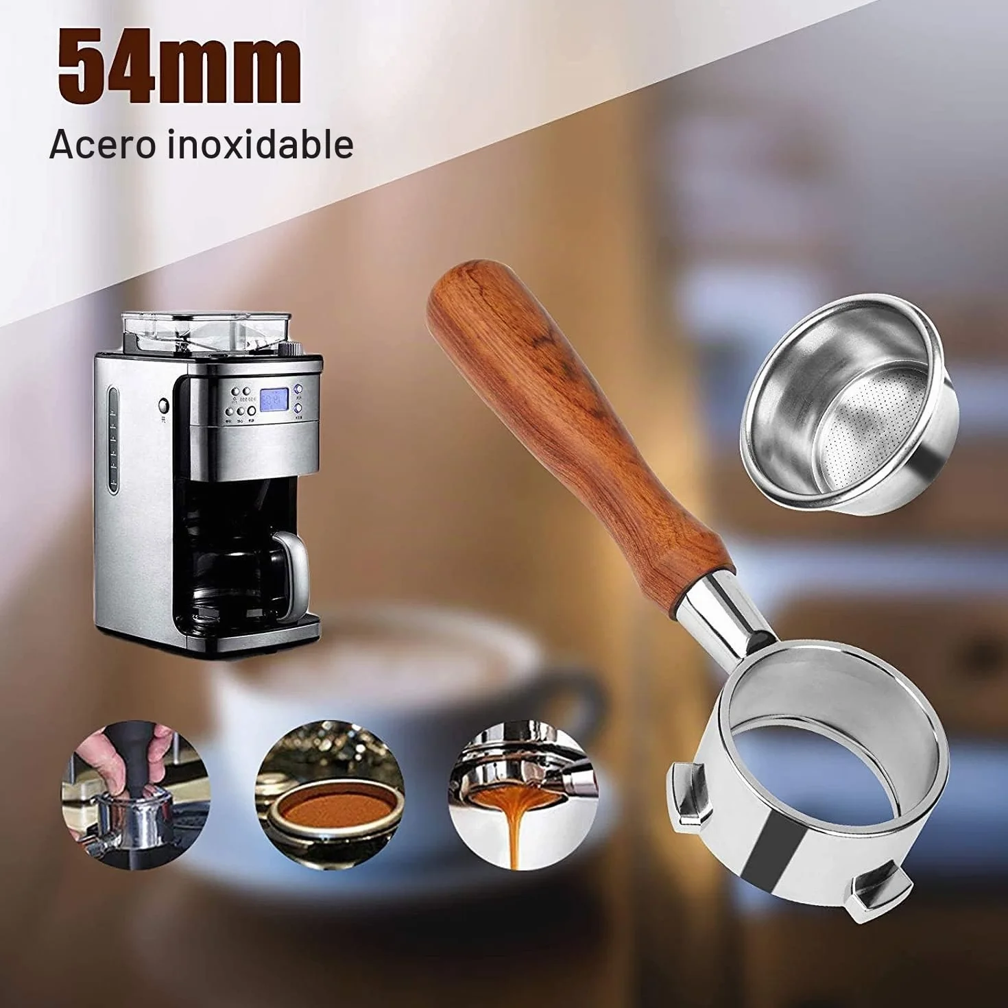 Portafiltro sin fondo 54 mm Compatible Sage/Breville Barista 870/878/880, asa de madera