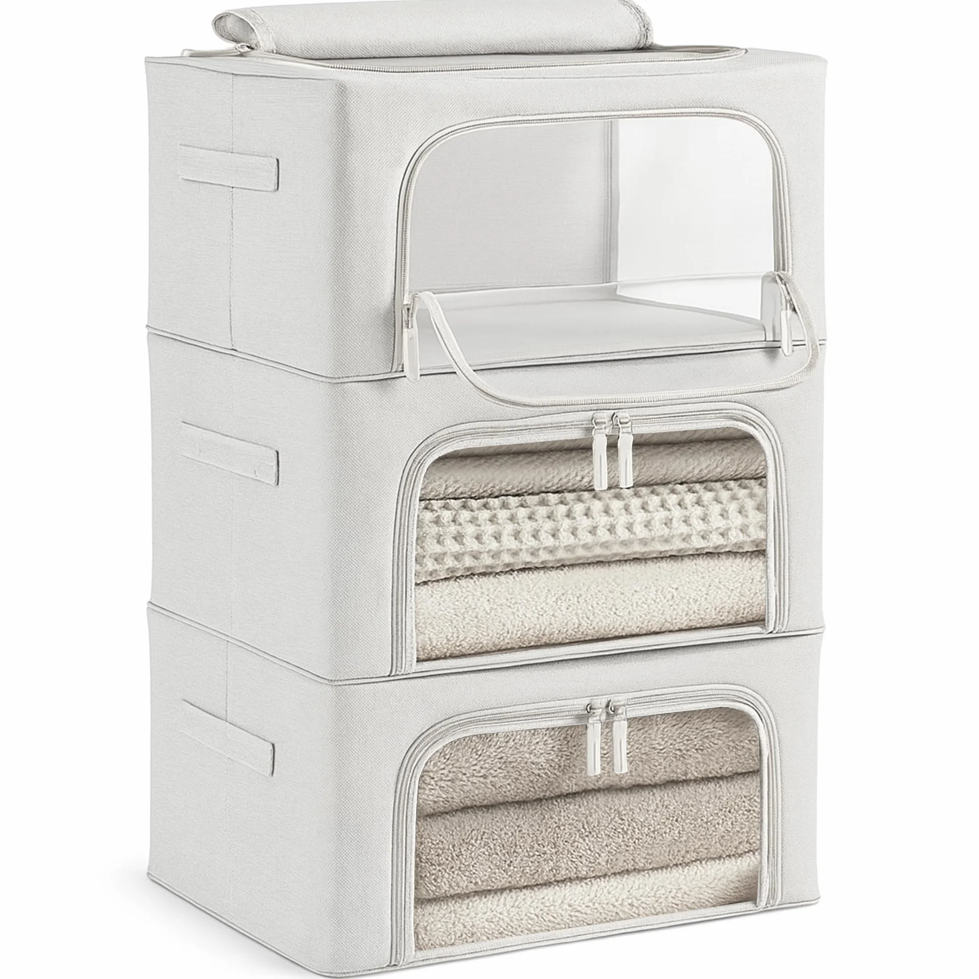 unycos - Cajas de Almacenaje de Ropa【3 Piezas | 24L】 Bolsas con Estructura Resistente de Hierro, Asas Reforzadas y Ventana Transparente, Organizador de Toallas, Edredones | 10 kg (Grey; Iron Rod)