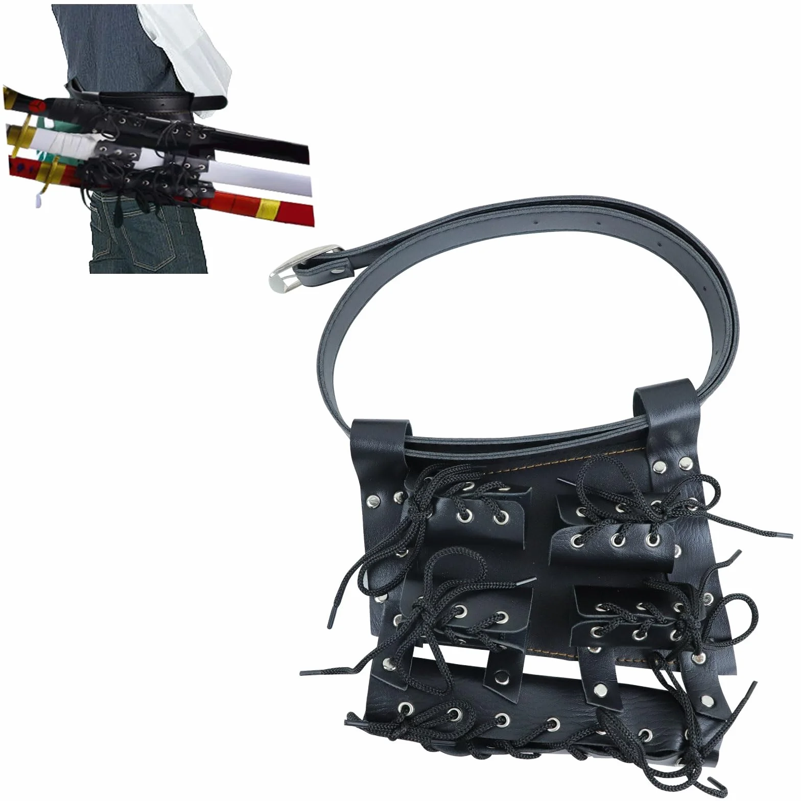 Cinturón ajustable de piel negra para Katana, soporte para anillos, funda de transporte Katana, cosplay anime (3 espadas)