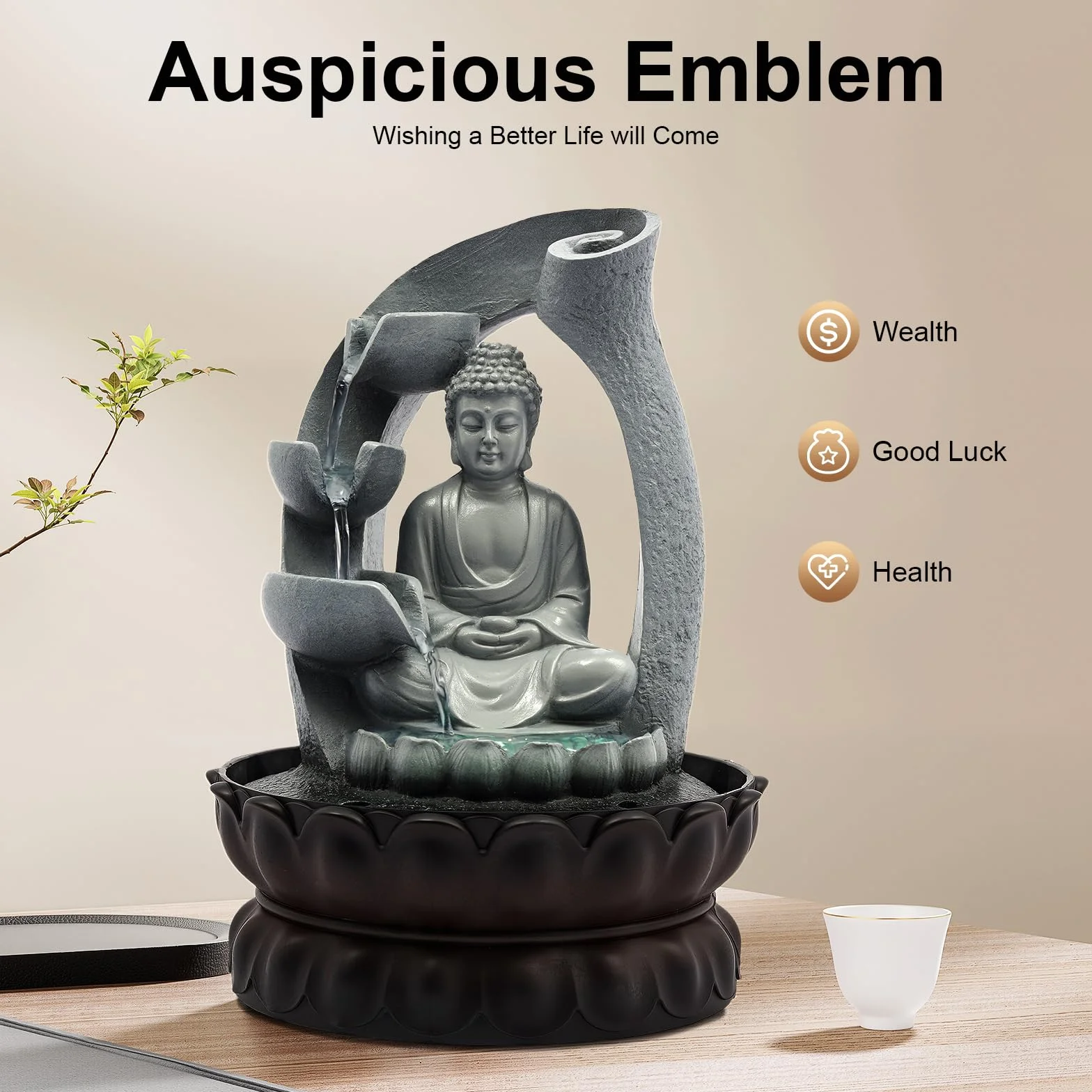Fuente de mesa de Buda, sala de estar, relajación, meditación, iluminación LED, cascada, Feng Shui, fuente decorativa compacta para el hogar y la oficina, 30 x 22 x 22 cm, decoración zen