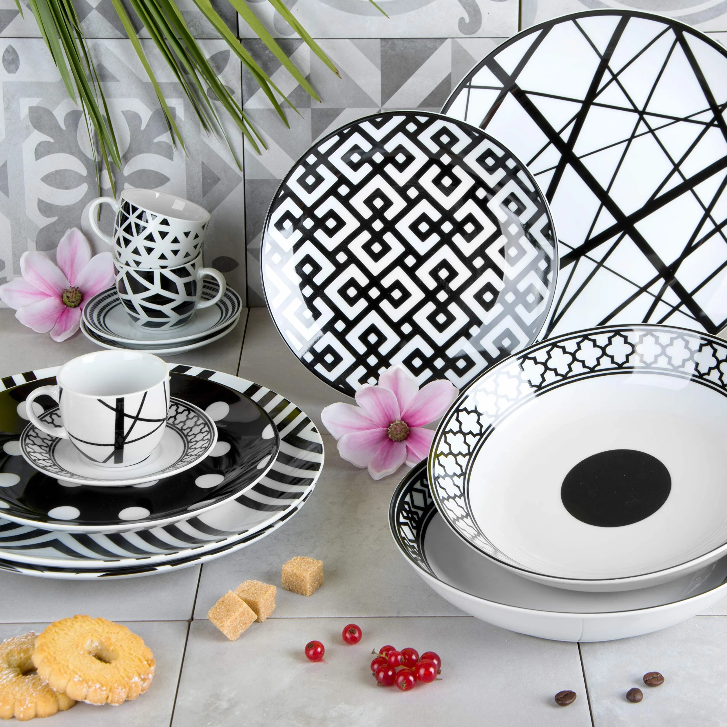 Excelsa Emily Juego de platos, porcelana, blanco/negro, 18 artículos