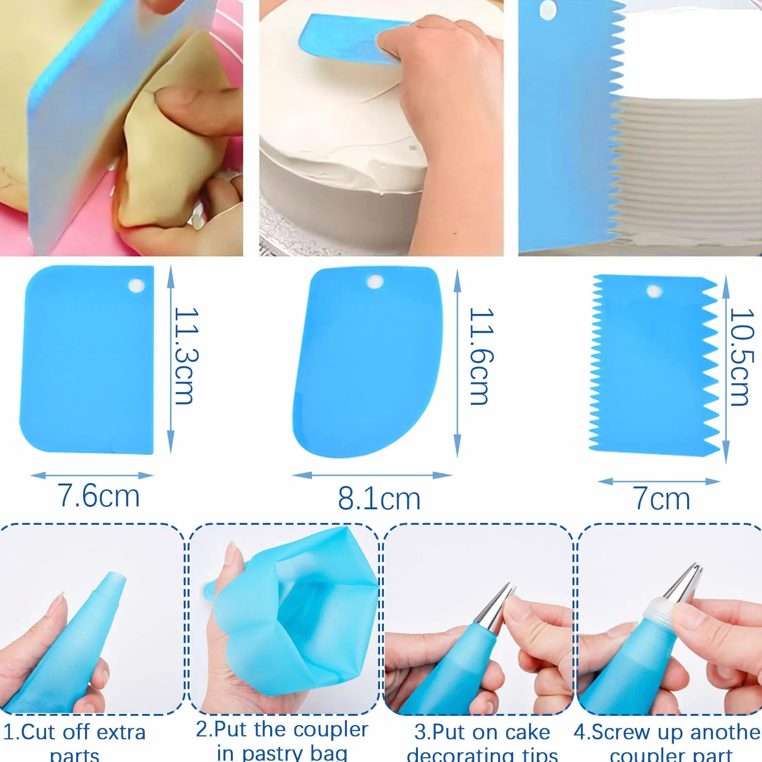 Molde Desmontable de Repostería 4 Piezas, Capa Revestimiento Desmontable Antiadherente, Redondos Moldes para Pasteles 12/18/22/26 cm con Boquillas para Manga Pastelera Set, Raspadores Tartas