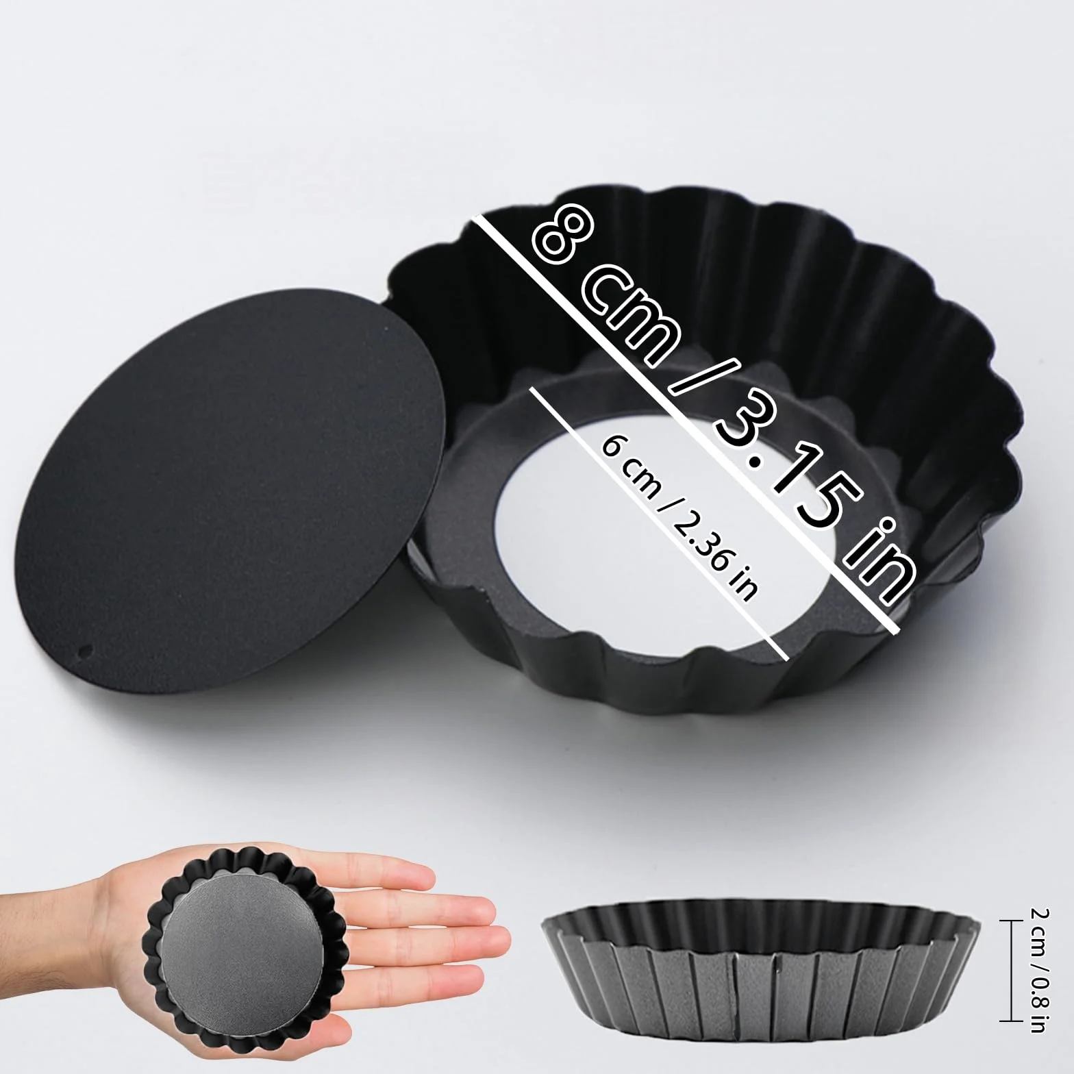 Molde para tartas con base elevadora, 12 unidades de 8 cm/3 pulgadas, revestimiento antiadherente, molde para quiche, molde para tartelette de acero al carbono, reutilizable, para hornear