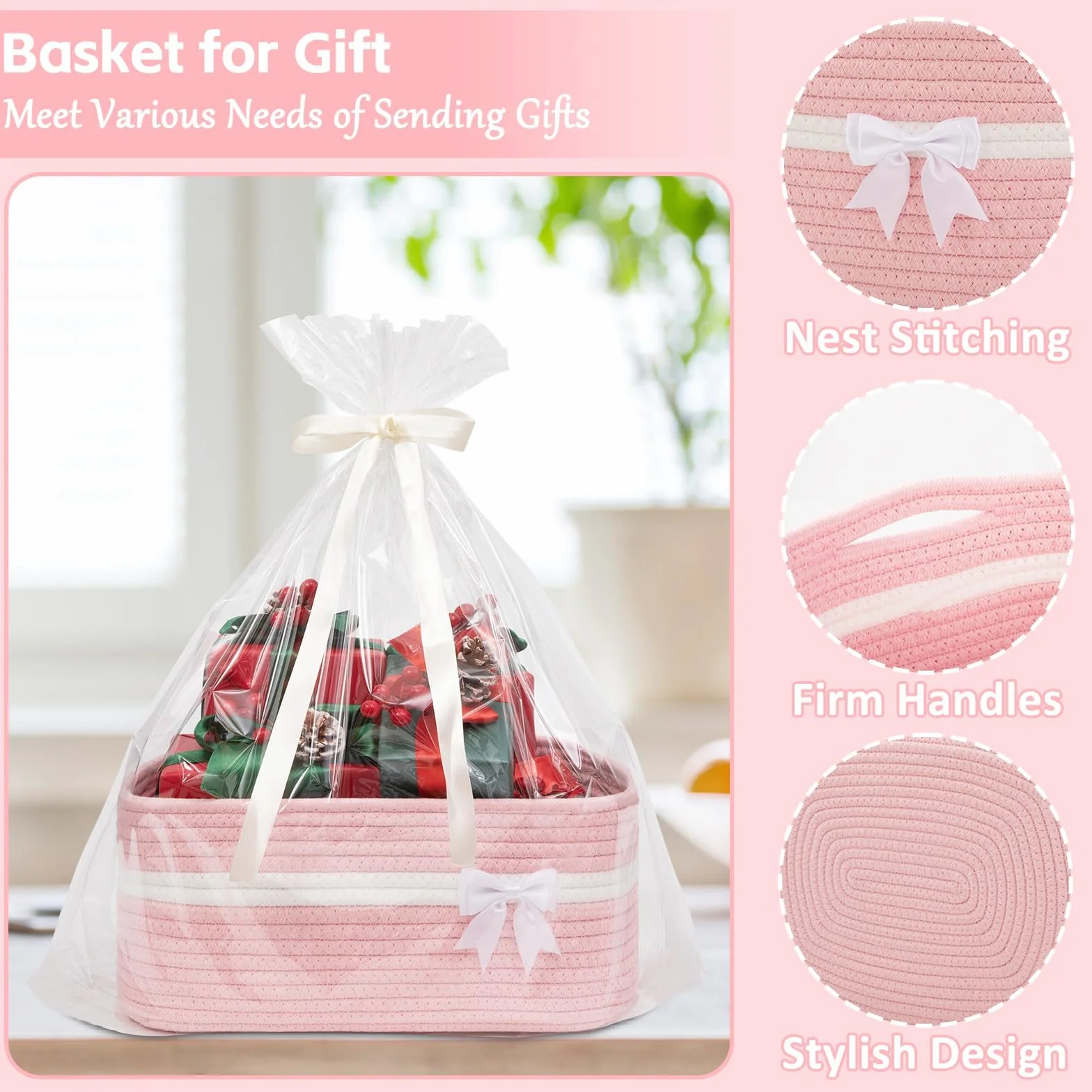 Cesta organizadora rosa trenzada cuerda algodón 34x15x25 cm para baby shower decoración hogar almacenamiento