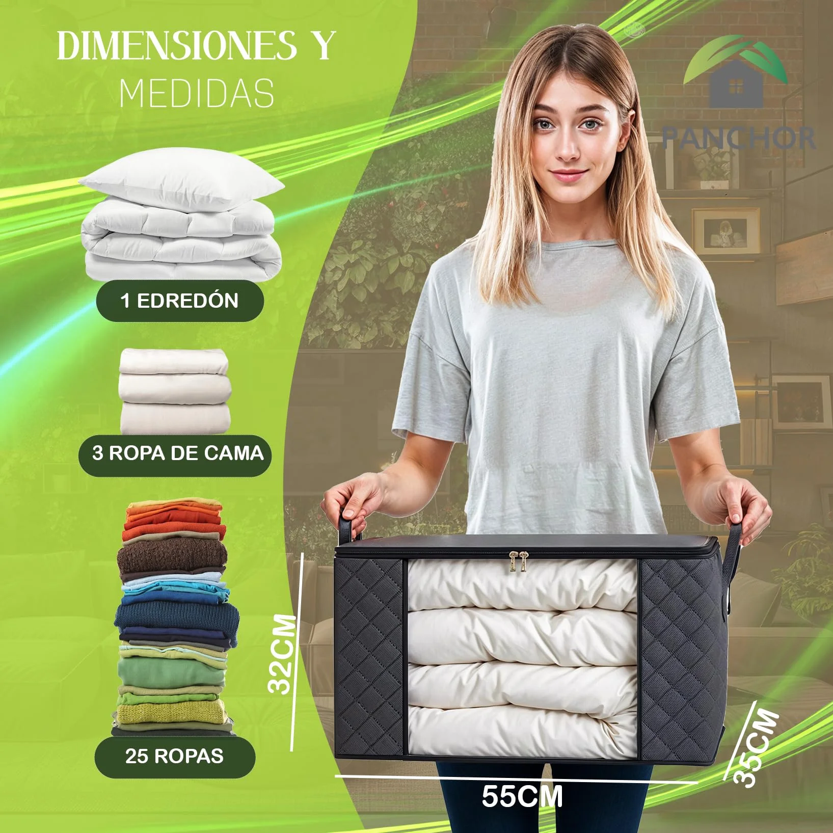 SUPER Organizador Armario | Cajas Almacenaje Ropa PORTÁTIL | PACK DE 3 con 35L | Cajas Almacenaje Ropa PLEGABLE | Bolsas Almacenaje Ropa con Asa Reforzada | para Guardar Ropa, Abrigos, Mantas