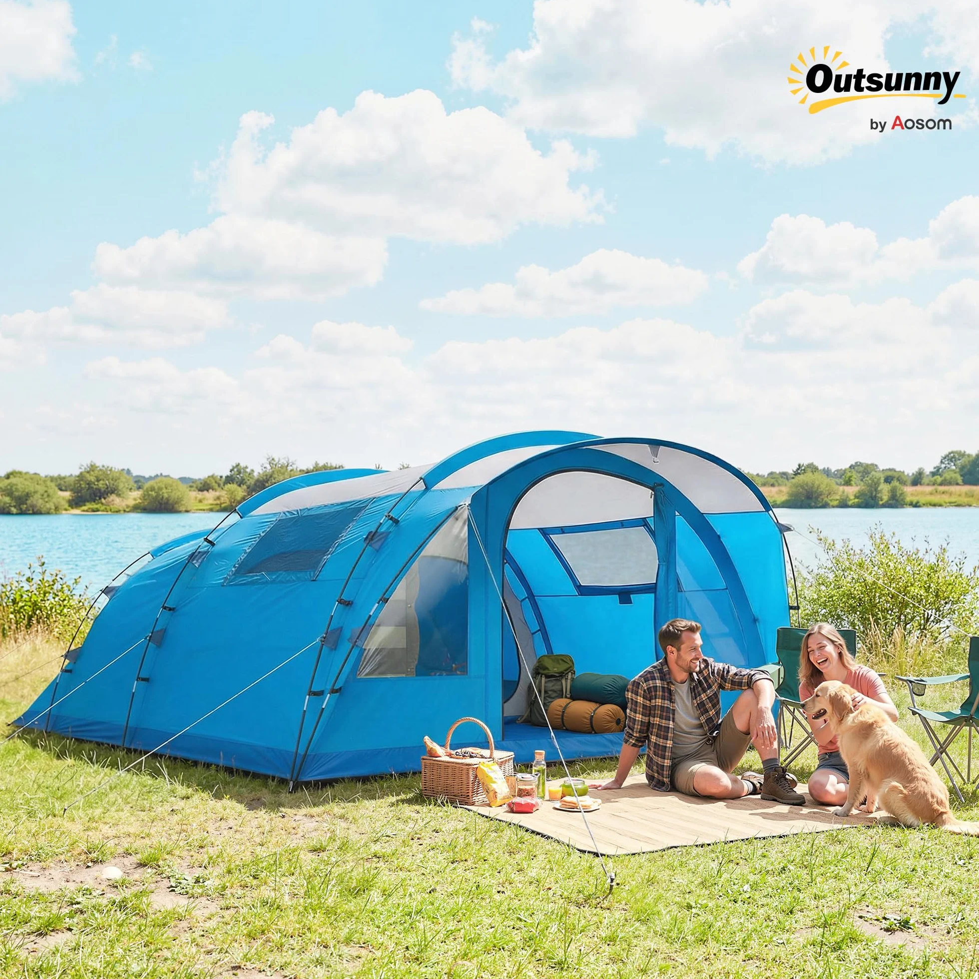 Outsunny Tienda de Campaña Familiar 5 Personas Tipo Túnel 3 Habitaciones Impermeable 3000 mm Azul