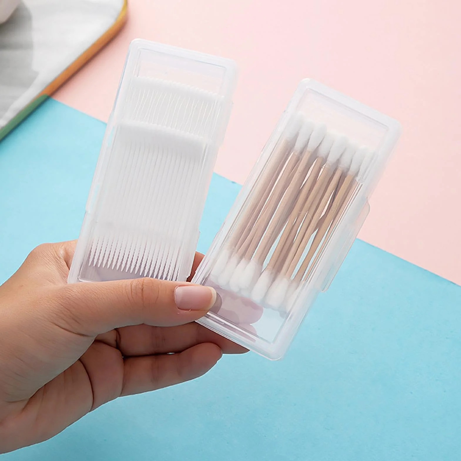 Hisopo de algodón – Organizador de soporte para uso de tocador, estuche de almacenamiento portátil transparente con compartimento compacto y recipiente de accesorios de baño para palillos de oídos