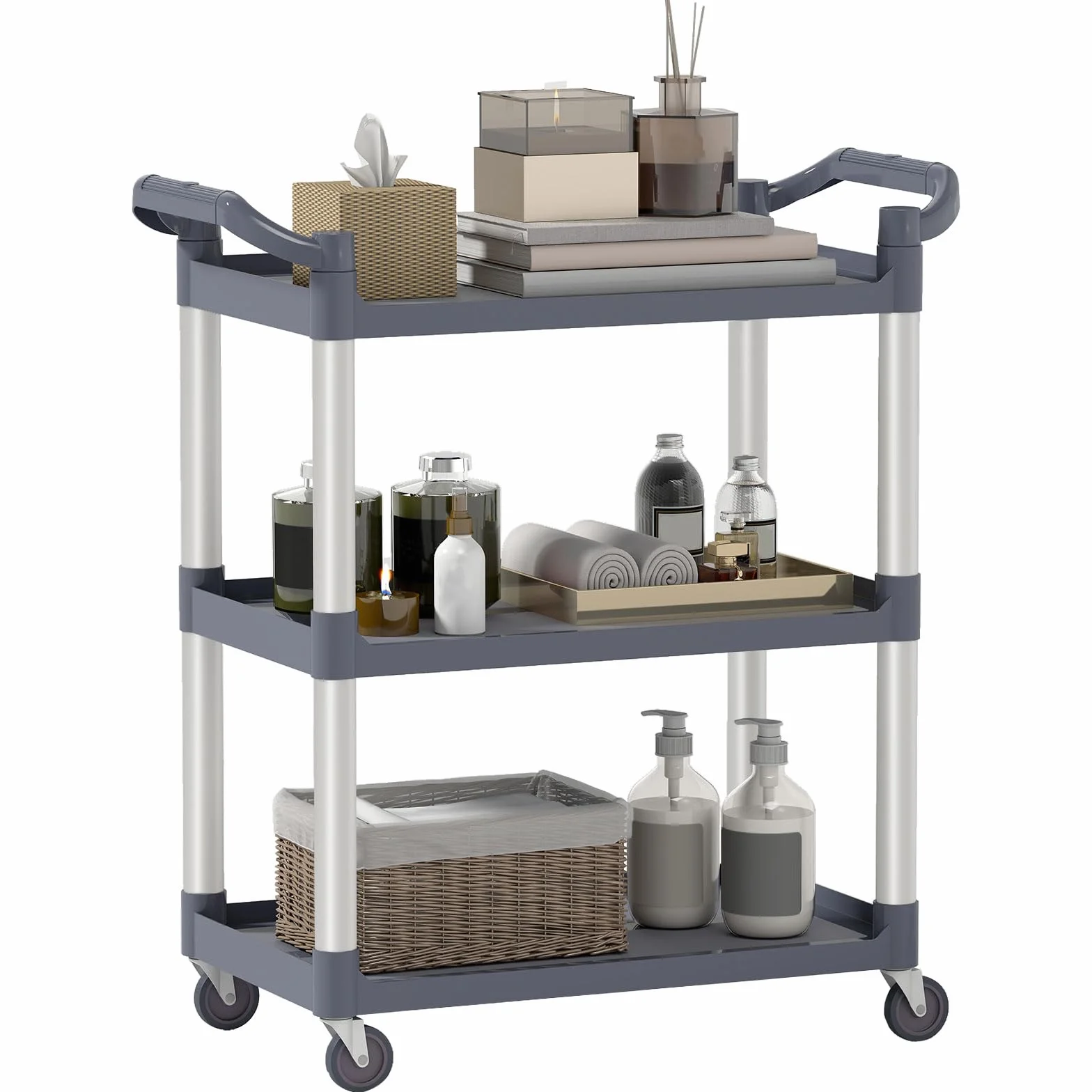 HOMCOM Carrito Auxiliar con Ruedas de 3 Niveles, Marco de Aleación de Aluminio, Carrito de Cocina, Carga de 35 kg por Estante, para Comedor, Sala, Baño, 88x44x93 cm, Gris
