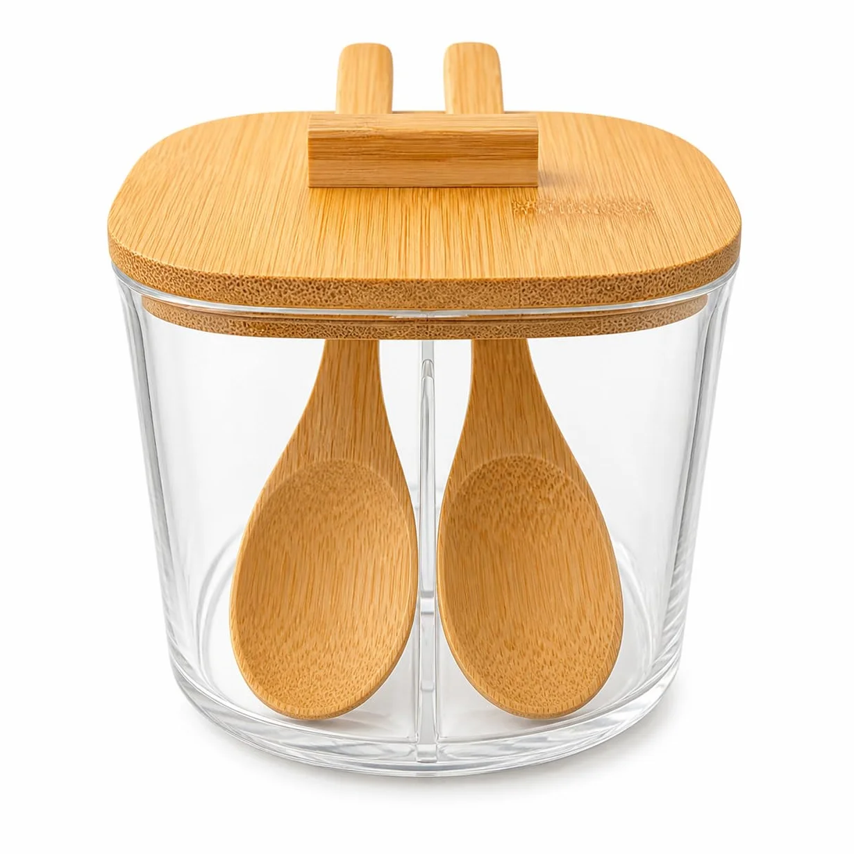 Azucarero Salero con 2 Compartimentos Tapa de Bambú y 2 Cucharas Recipiente para Azúcar Sal o Especias Organizador de Cocina Transparente Bote para Café y Condimentos