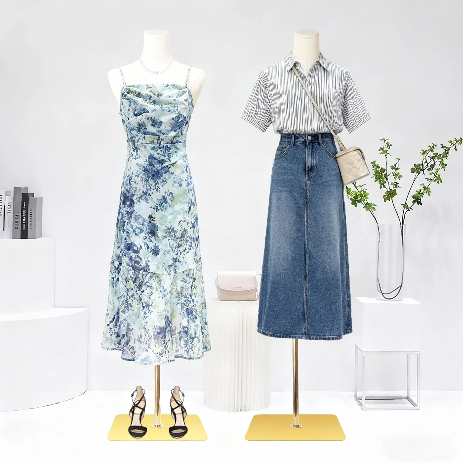 Maniquí Femenino con Forma de Torso de Vestido, Cuerpo de maniquí con Cabeza Desmontable, Manos de Madera y Soporte Dorado Ajustable de 55 a 80 Pulgadas de Altura, para exhibición de Joyas de Vestir