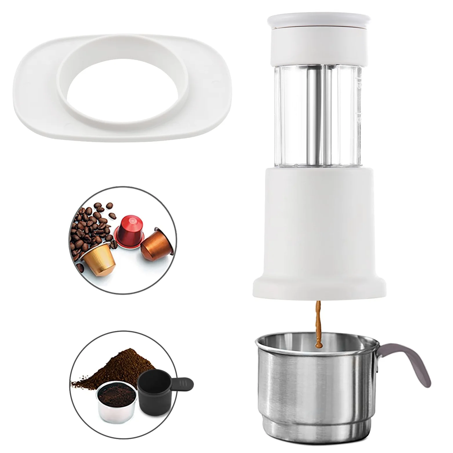 Compacta Prensada a Mano con Tanque de Agua de 80 Ml y Taza 120 Ml, Portátil para Caminatas y Viajes, Prensa Manual para un Auténtico Sabor a (Blanca)