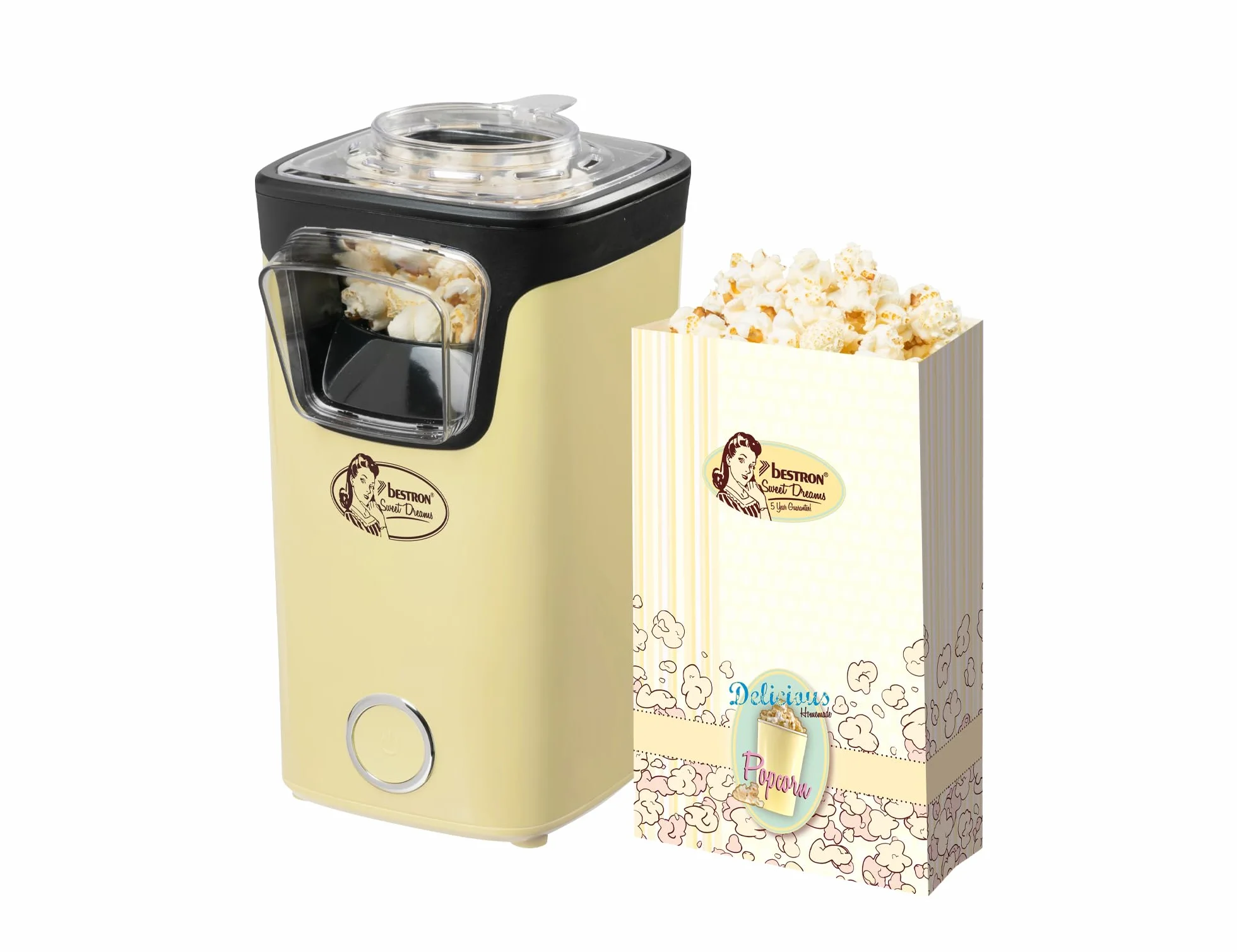 Bestron Palomitero, Turbo-Palomitas en menos de 2 minutos, con tecnología de aire caliente, incluye 10 bolsas de palomitas y taza medidora integrada, colección Sweet Dreams, Color: Amarillo