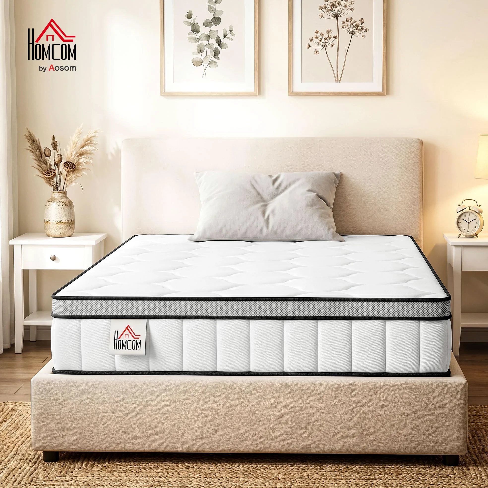 HOMCOM Colchón 90x190cm 20cm Soporte 7 Zonas | Colchón de muelles empaquetados, espuma de memoria con gel refrigerante, certificado Oeko-Tex, firmeza media