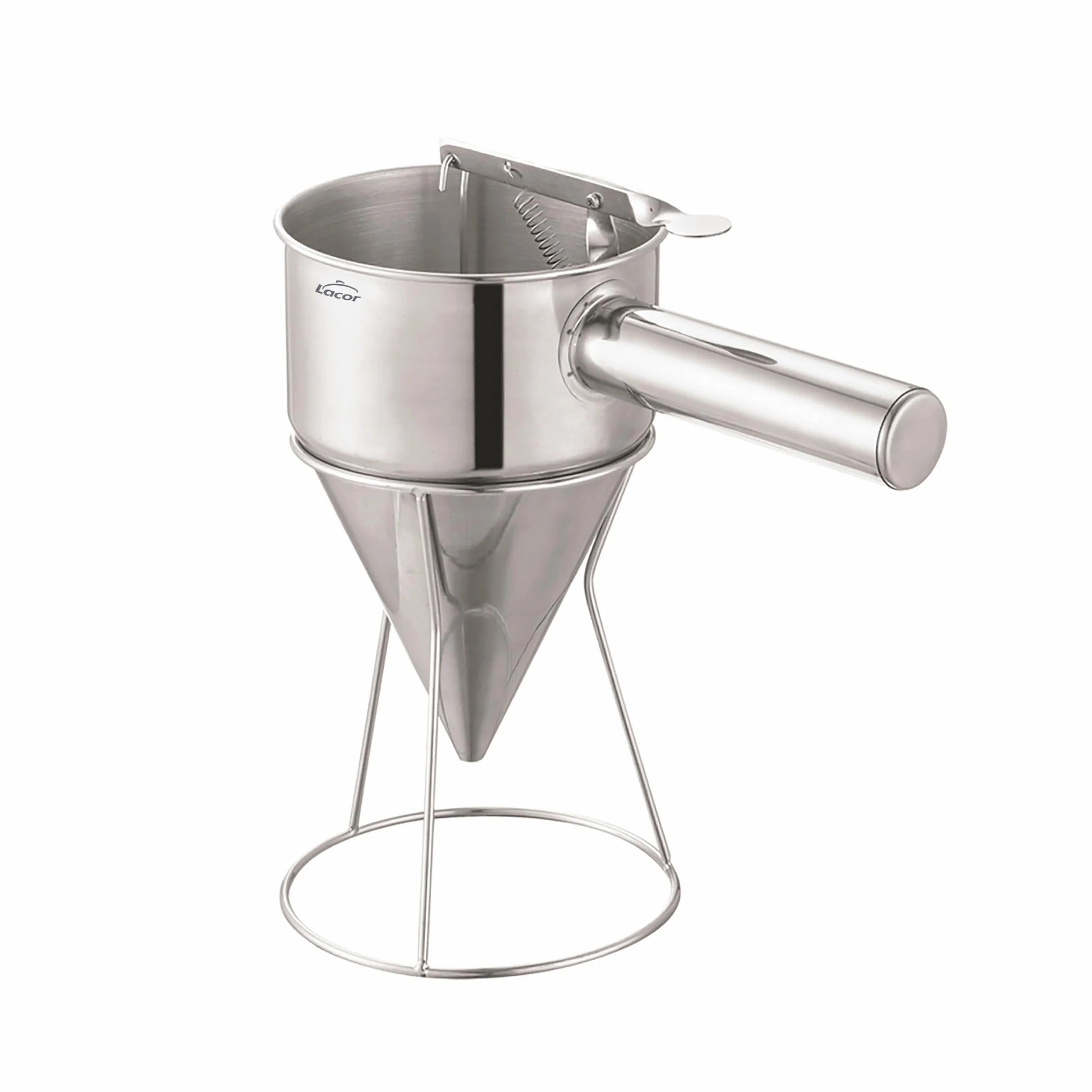 Lacor - 67151 - Embudo Dosificador, Ideal para Rellenar o Decorar, Acero inoxidable 18/10, Mango Ergonómico, Boquilla de Salida 8 mm, Capacidad 1.25 Litros, Apto para el Lavavajillas, Incluye Soporte