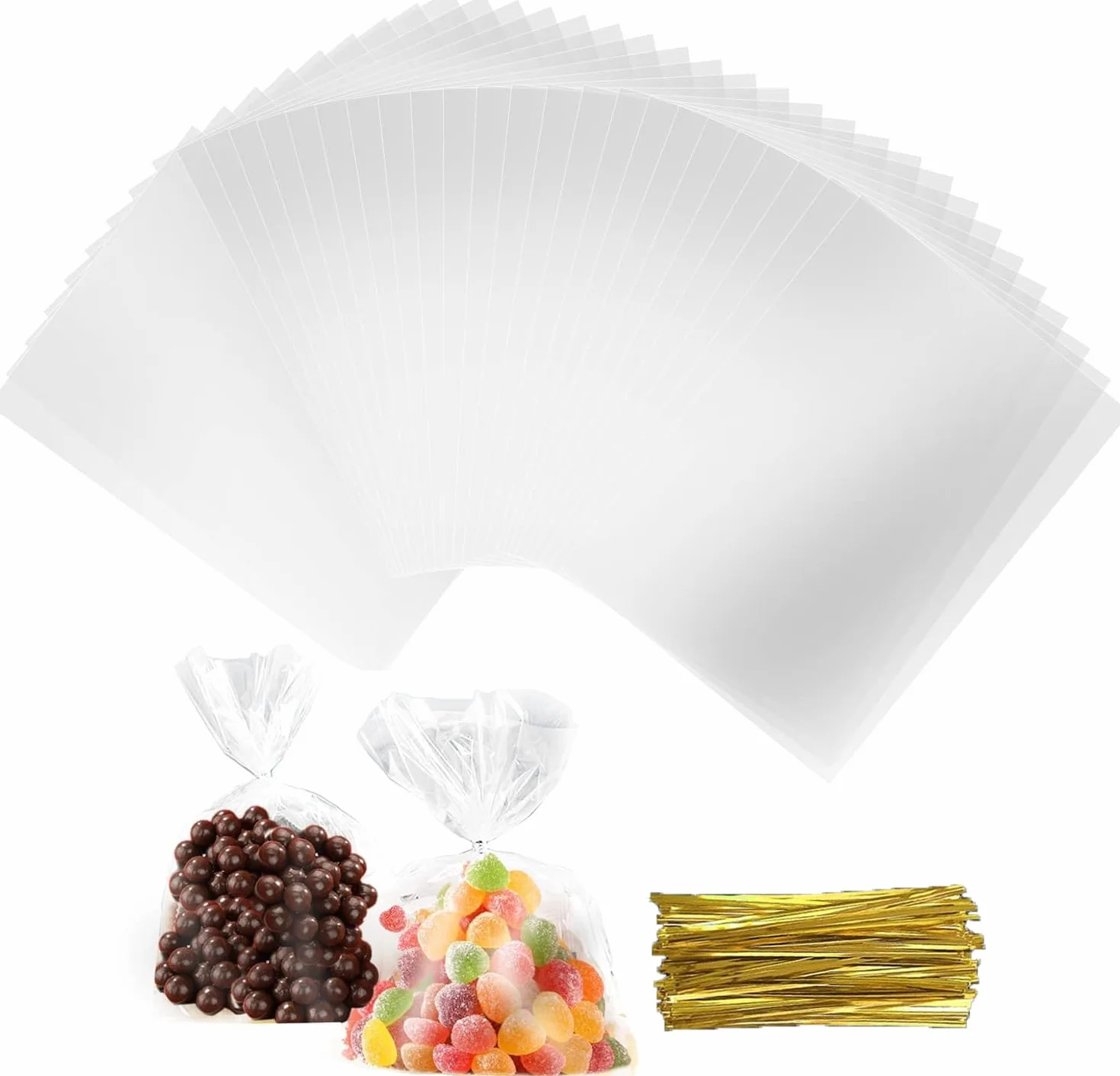 Frogetu 50 Bolsas Transparentes para Chuches Cintas Metálicas,Bolsas de Chuches 20x30 cm,Bolsa Celofan Transparente,Bolsas Transparentes para Regalos,Bolsas para Chuches Cumpleaños,Bolsa Celofan